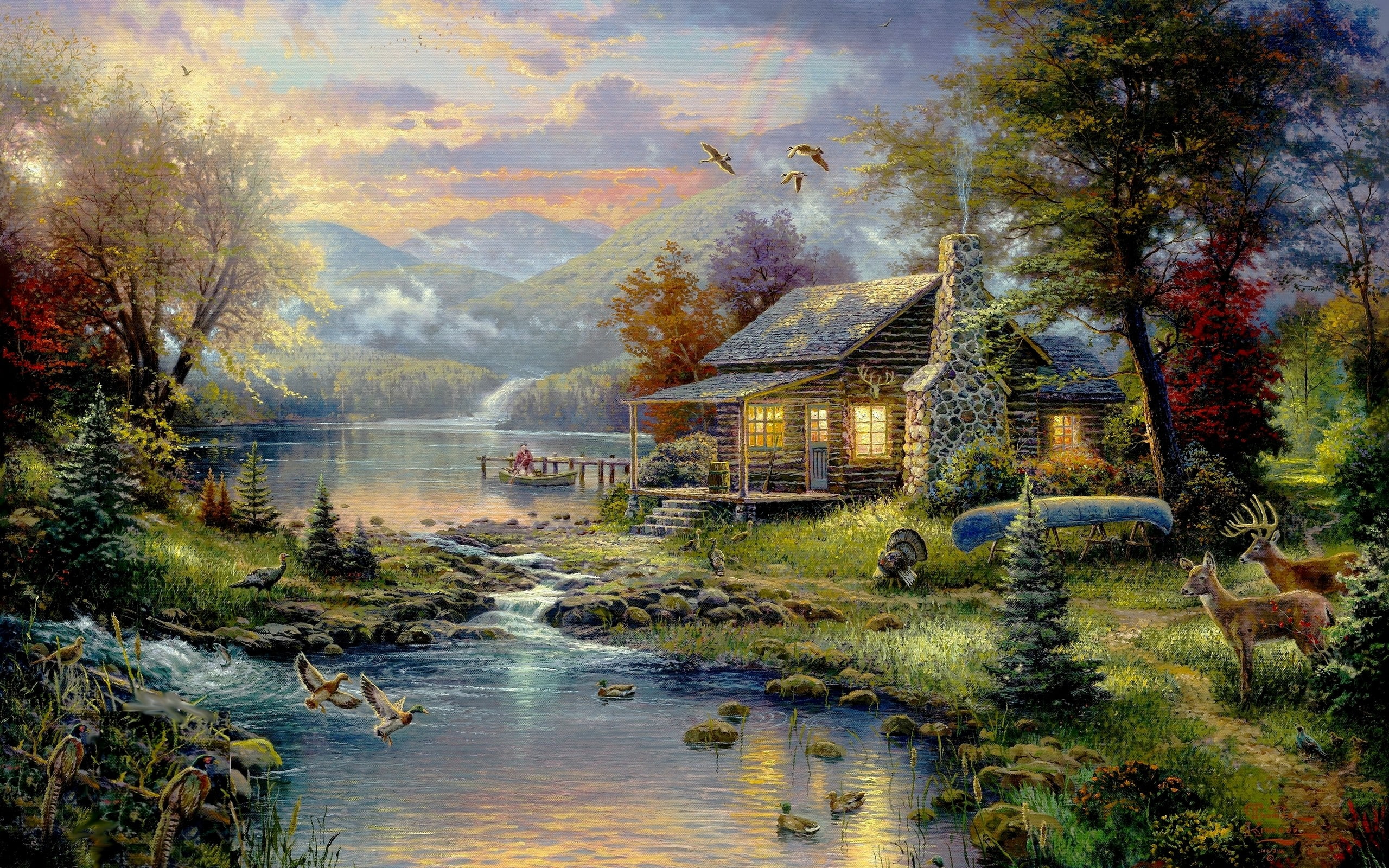 brown wooden house near river surrounded by trees painting, animals