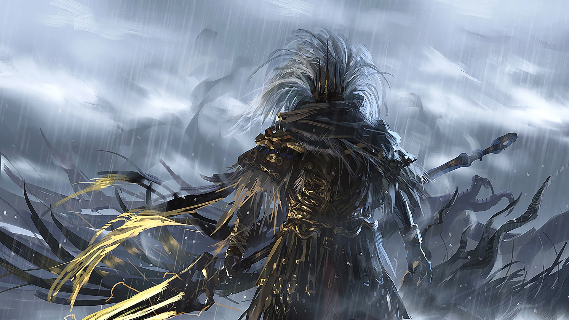 video games, Dark Souls III, digital art, rain, Nameless King