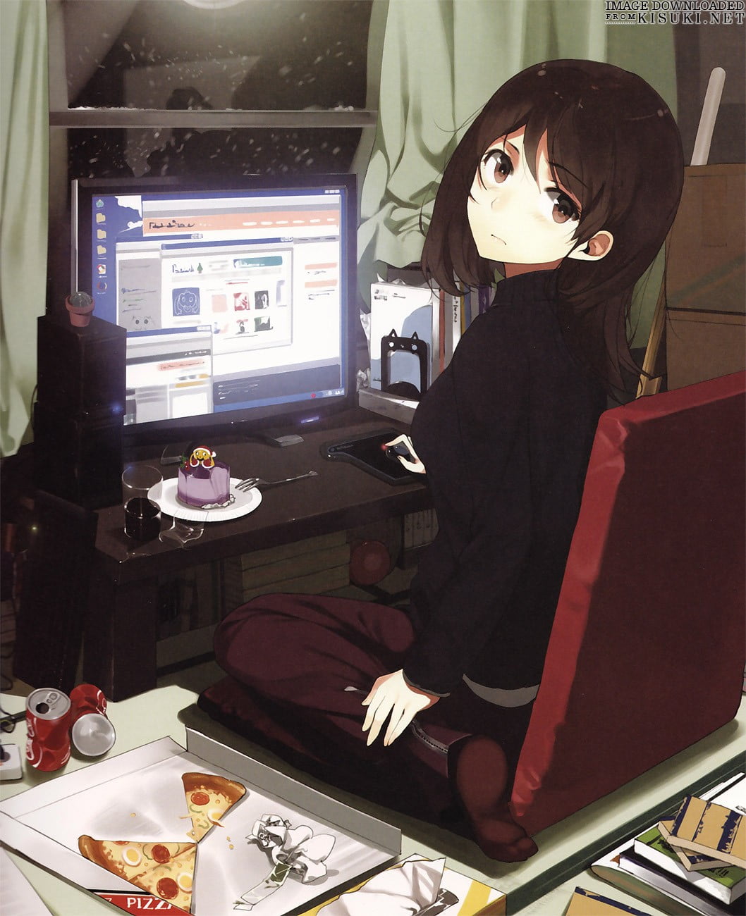 brown haired female anime character facing computer monitor wallpaper