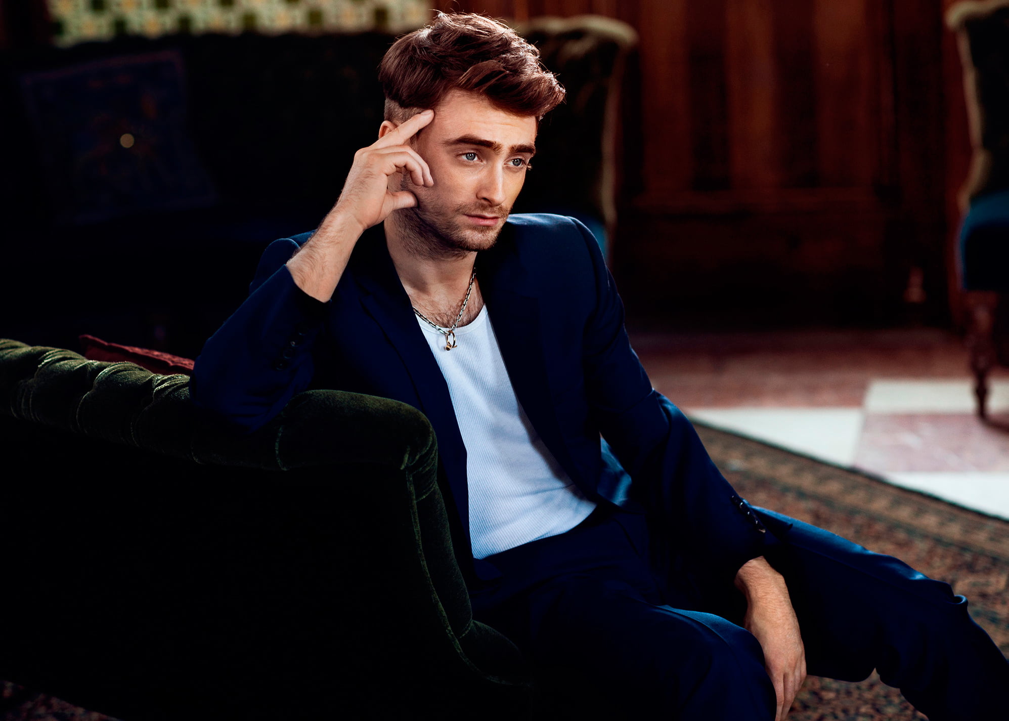 photoshoot, Daniel Radcliffe, Essential Homme, sitting, one person