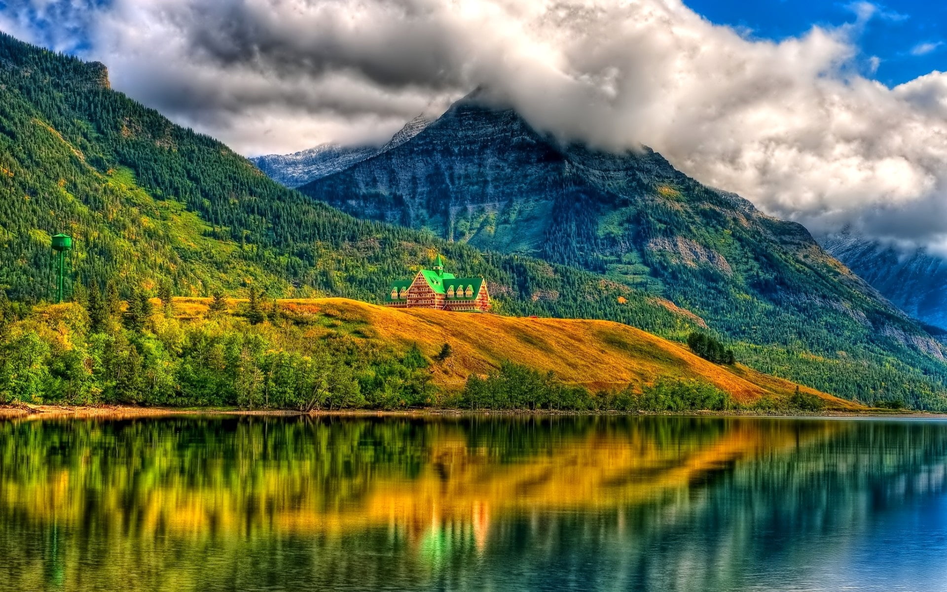 Clouds, mountains, house, forest, trees, lake, water reflection