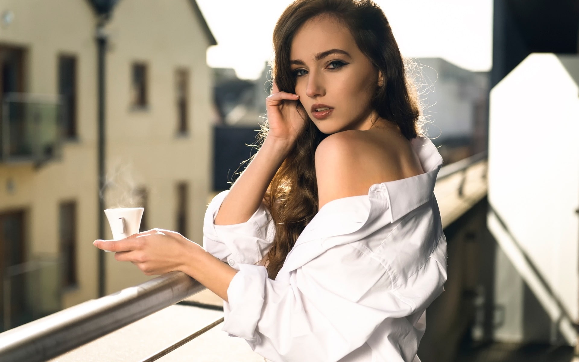 White shirt girl, coffee cup