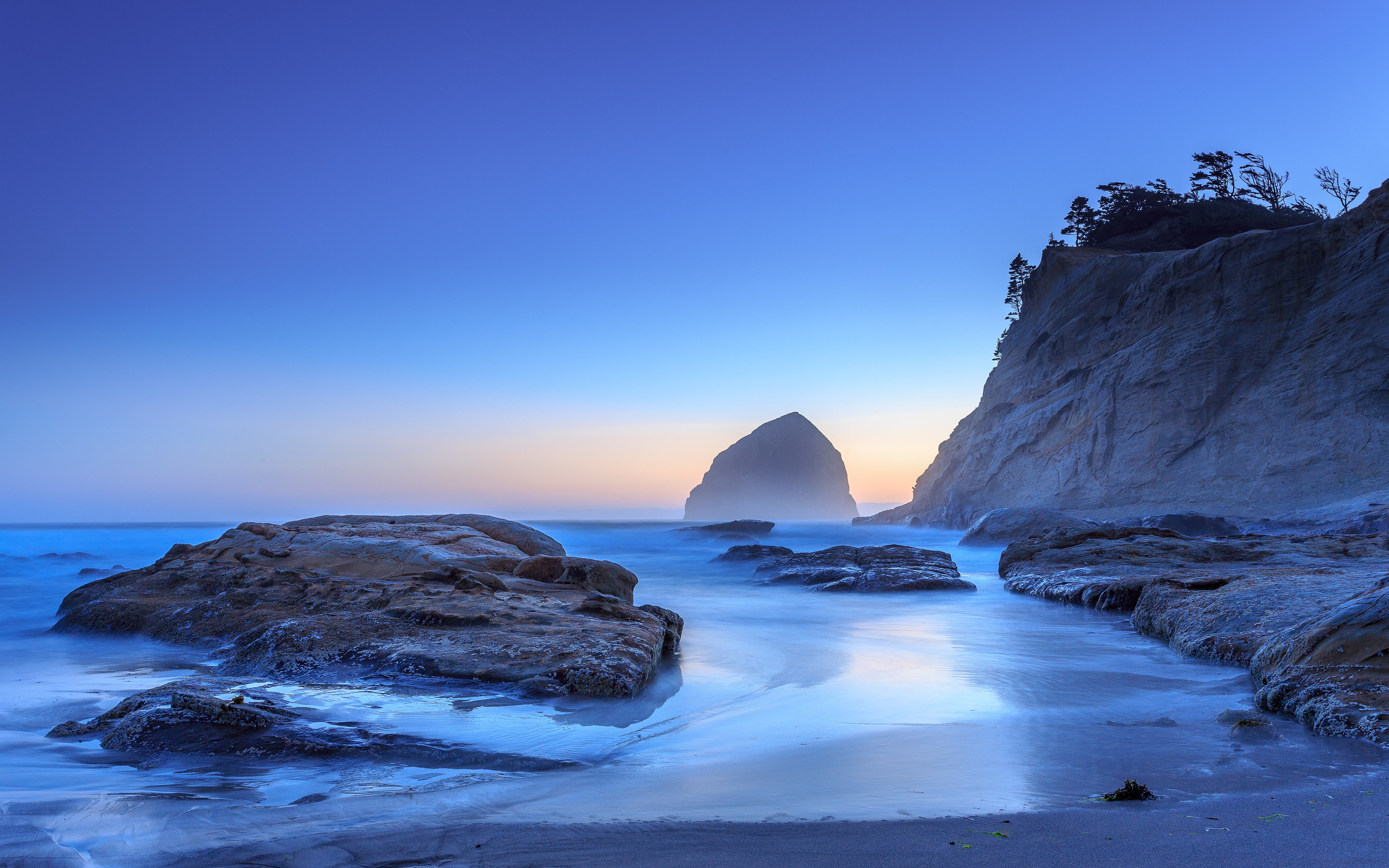 Haystack Sunset, beaches, blue, coastal, haystackrock, landscape