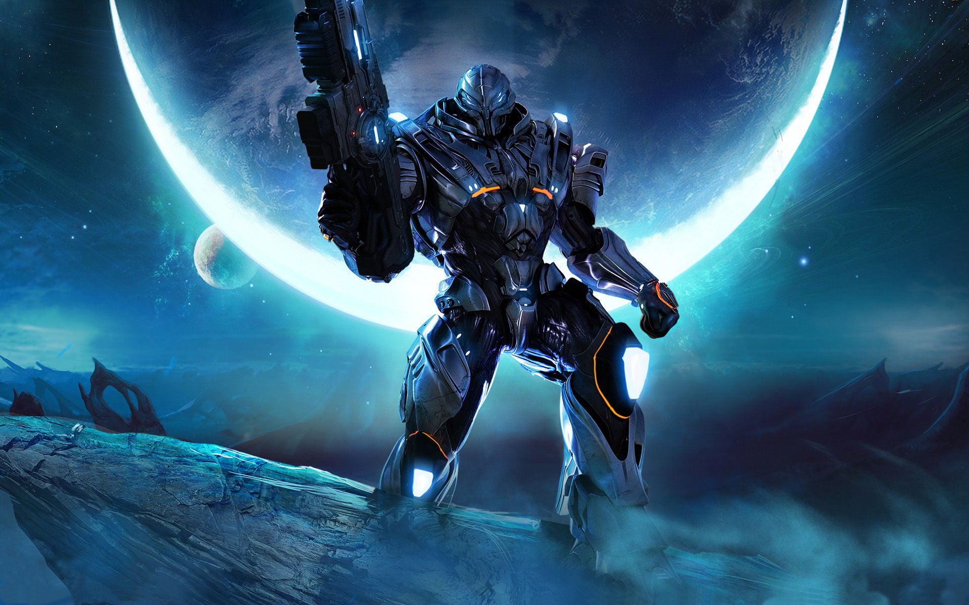 armored suit character digital wallpaper, planet, gun, Section 8