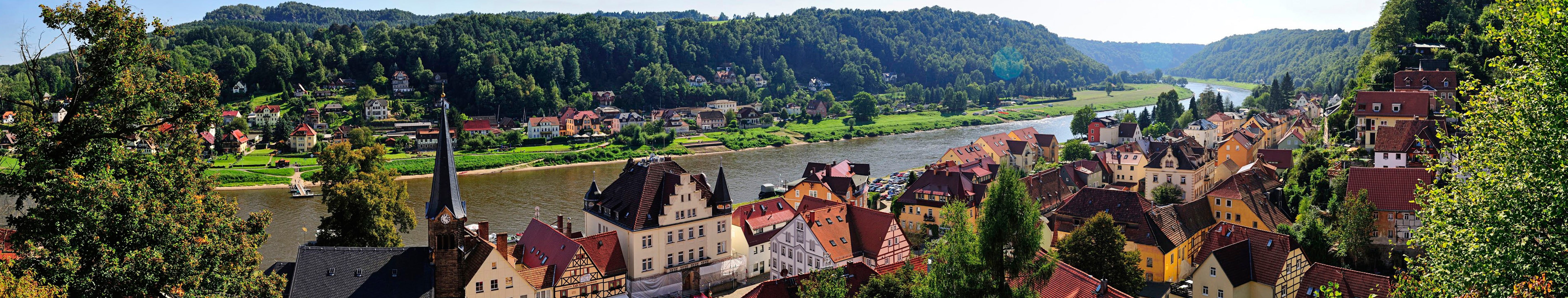 Germany, Europe, river, town, hills, mountains, water, grass