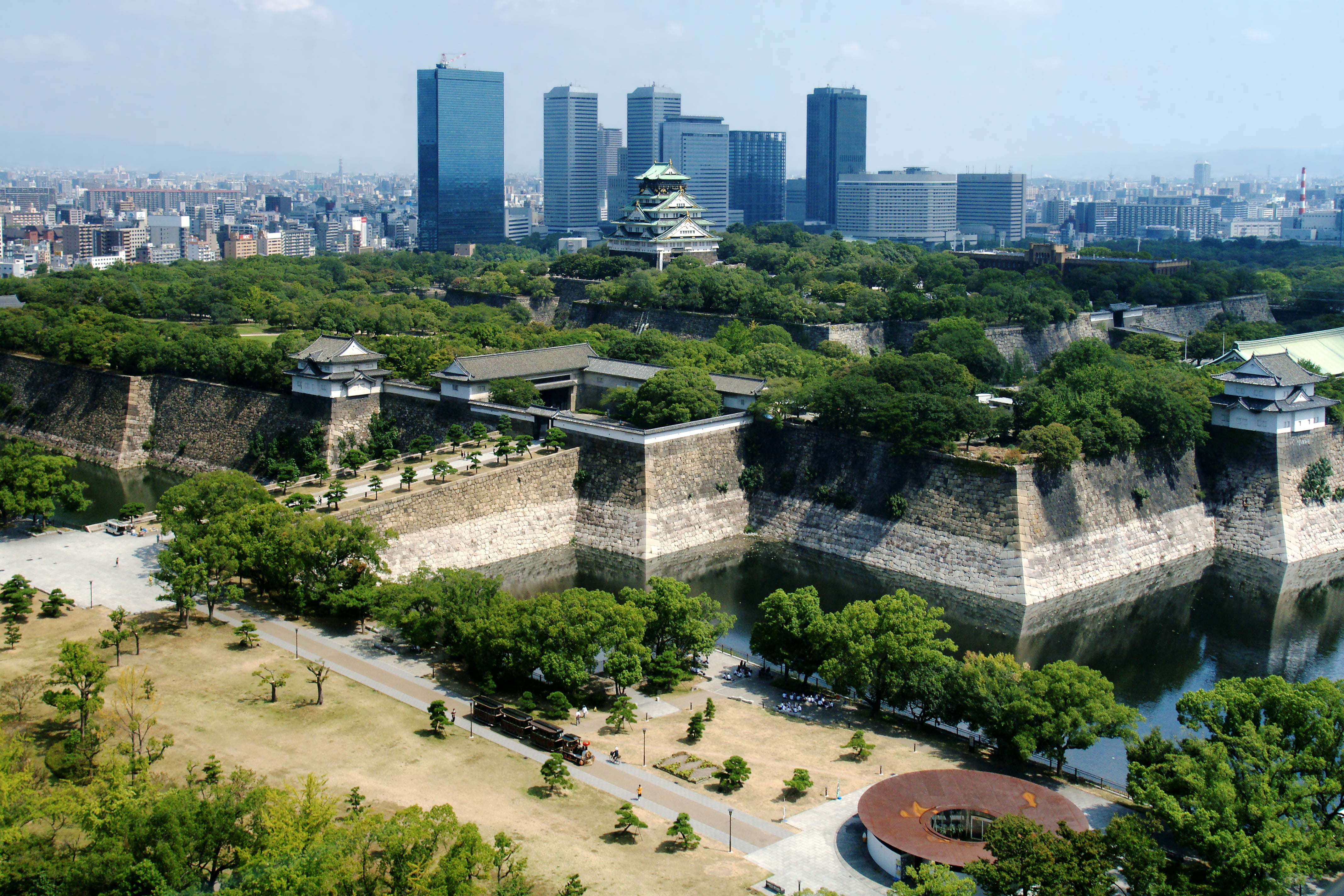 Osaka, castle, downtown, Japan, Asian architecture, trees, park