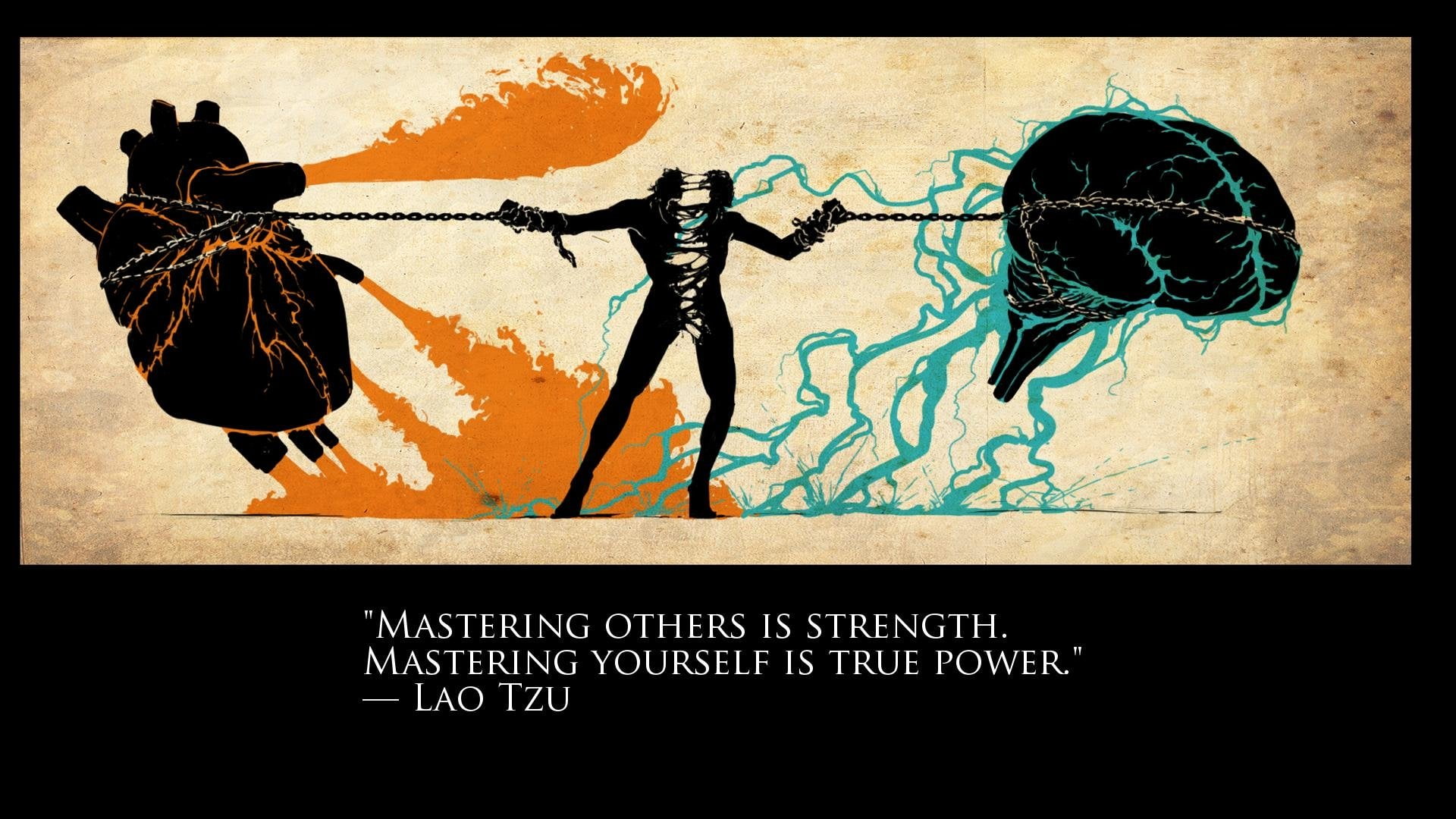 person pulling heart and brain illustration with mastering others is strength quote by Lao Tzu text overlay