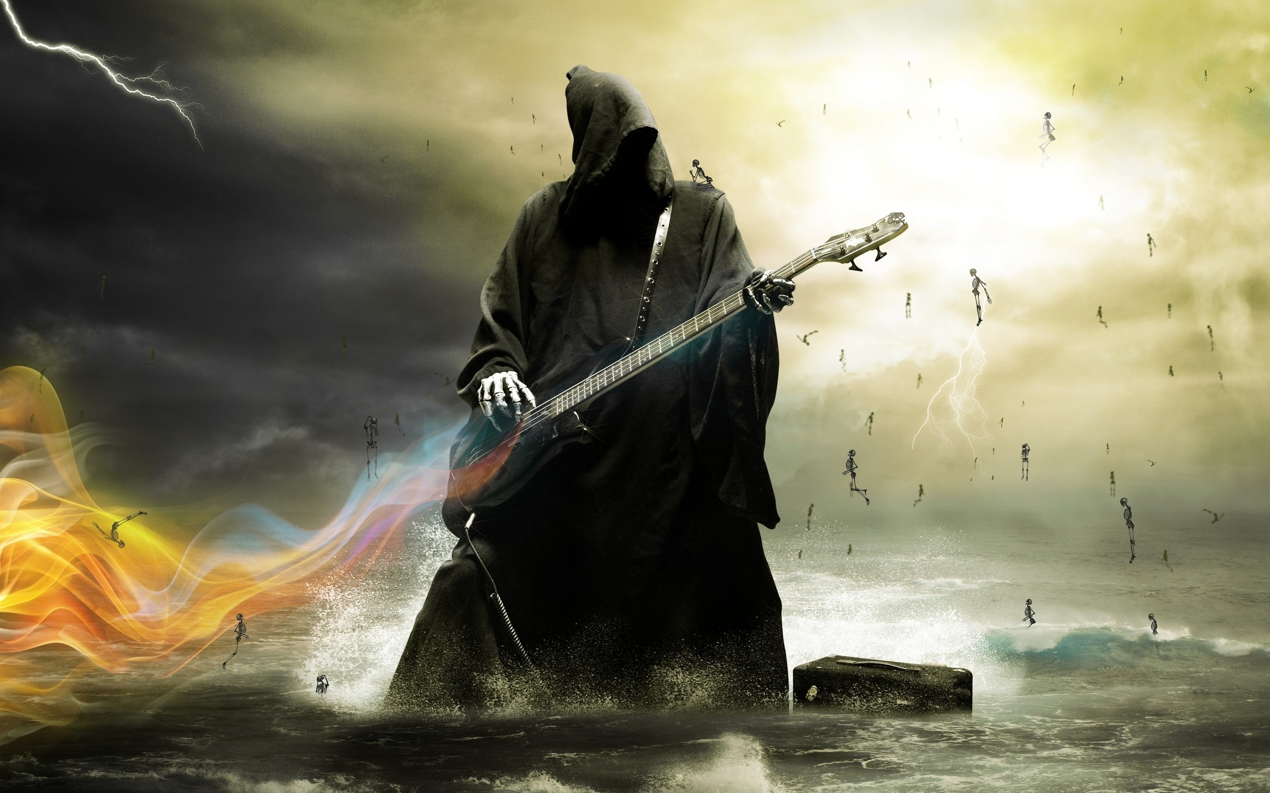 skeleton playing guitar digital wallpaper, grim reaper playing the guitar with flame effects