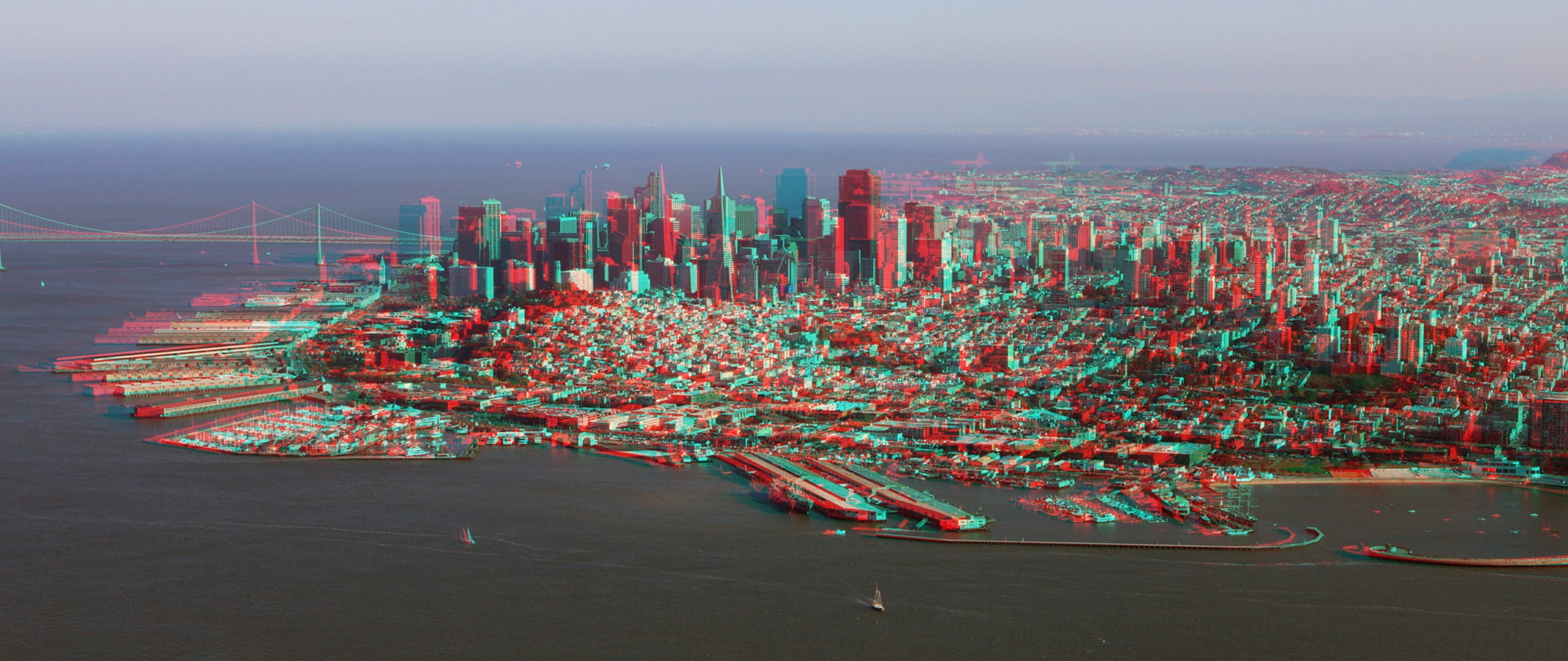 aerial photography of city buildings, anaglyph 3D, San Francisco