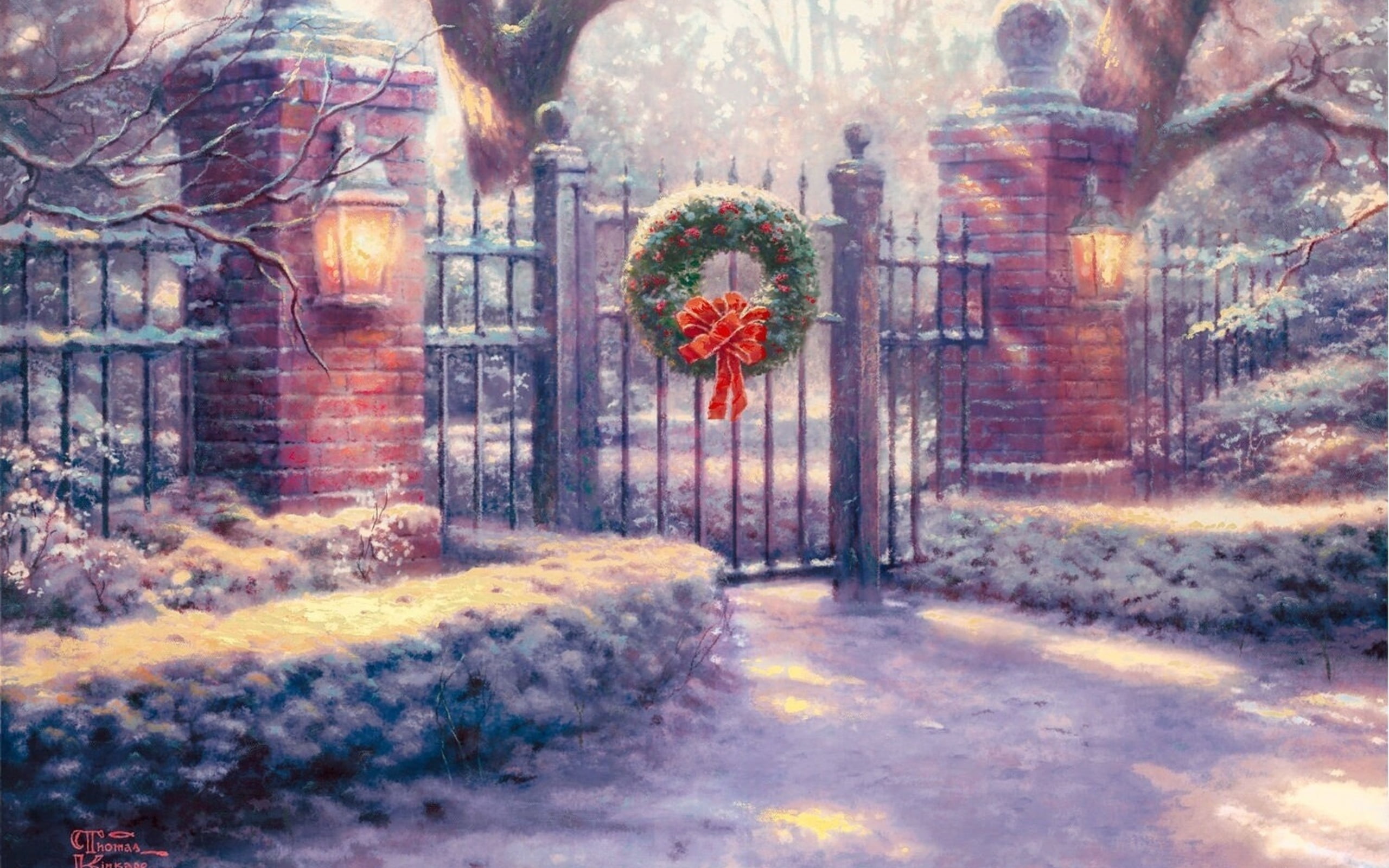 red and green Christmas wreath, snow, Gate, lights, decoration