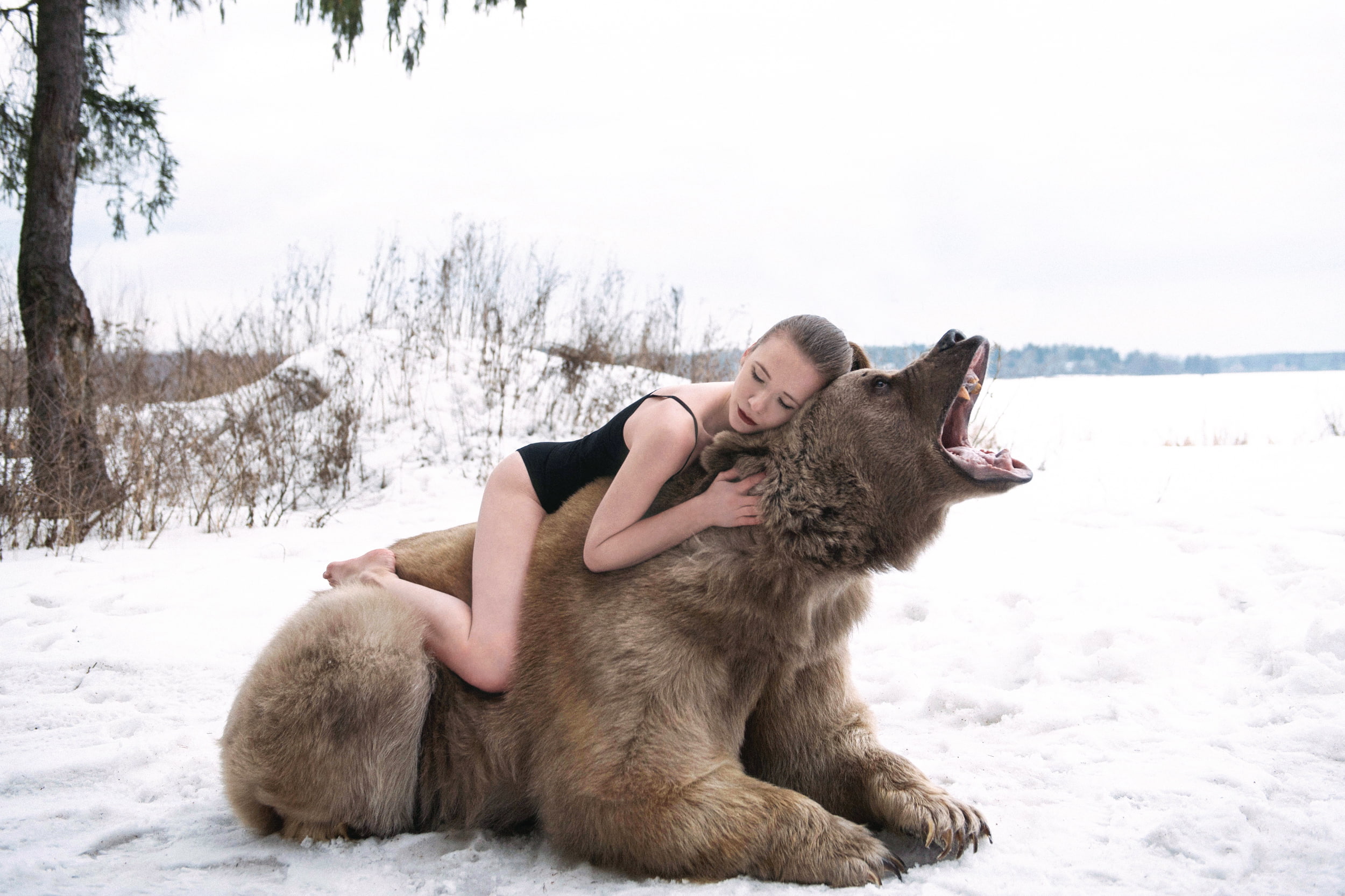women's black monokini, winter, forest, girl, bear, roar