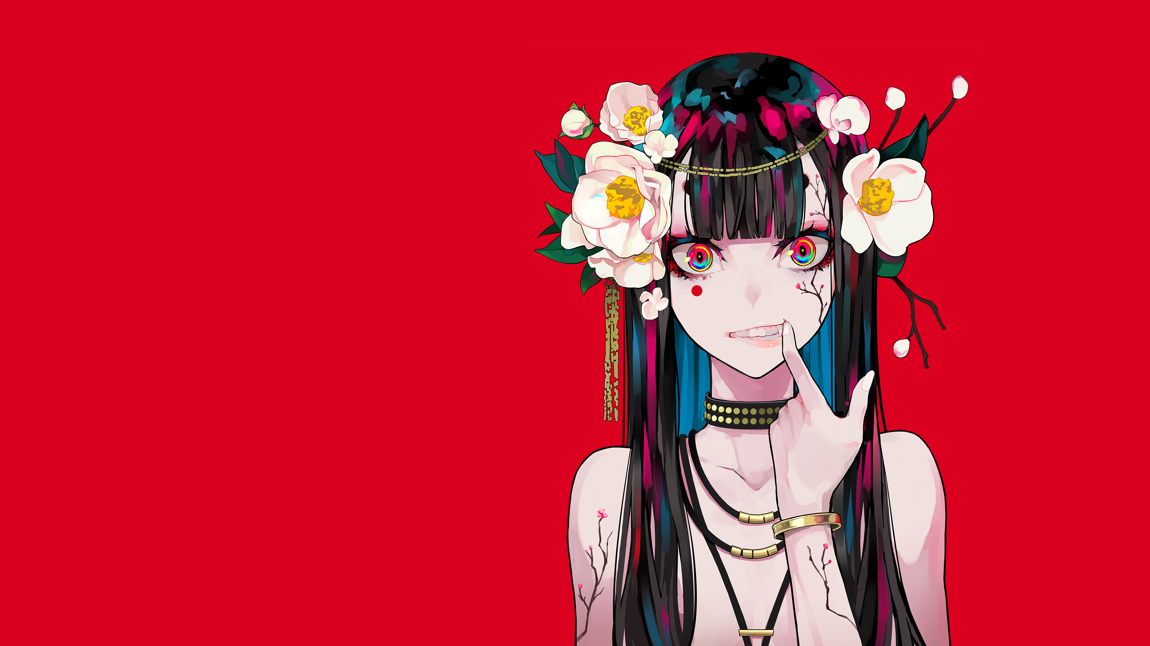 artwork, minimalism, anime girls, flower in hair, red background