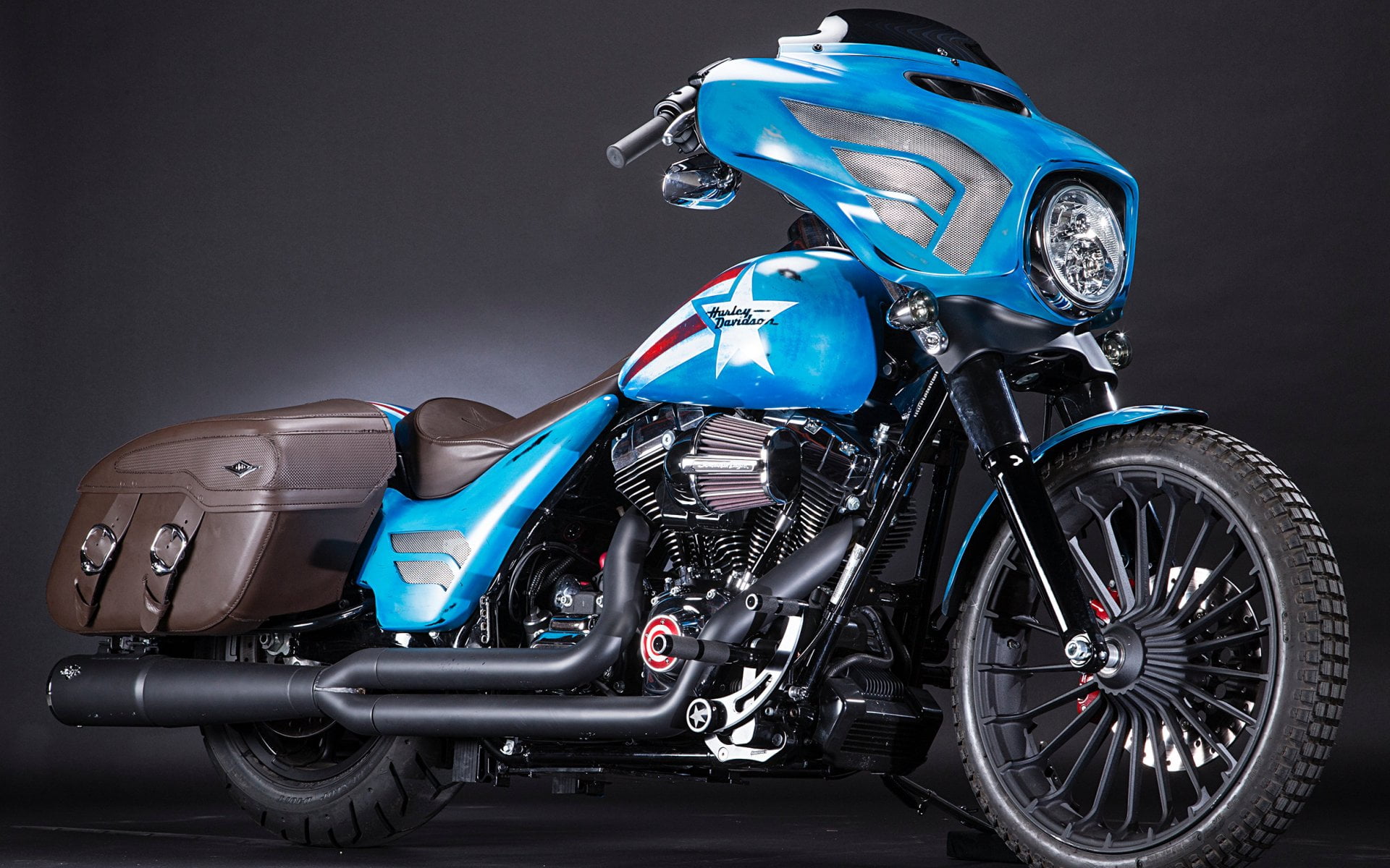 Captain America Street Glide Special, blue and black touring motorcycle