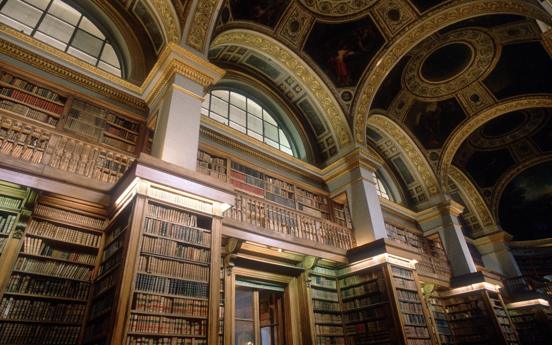 old, library, shelves, France, pillar, books, interior, Paris