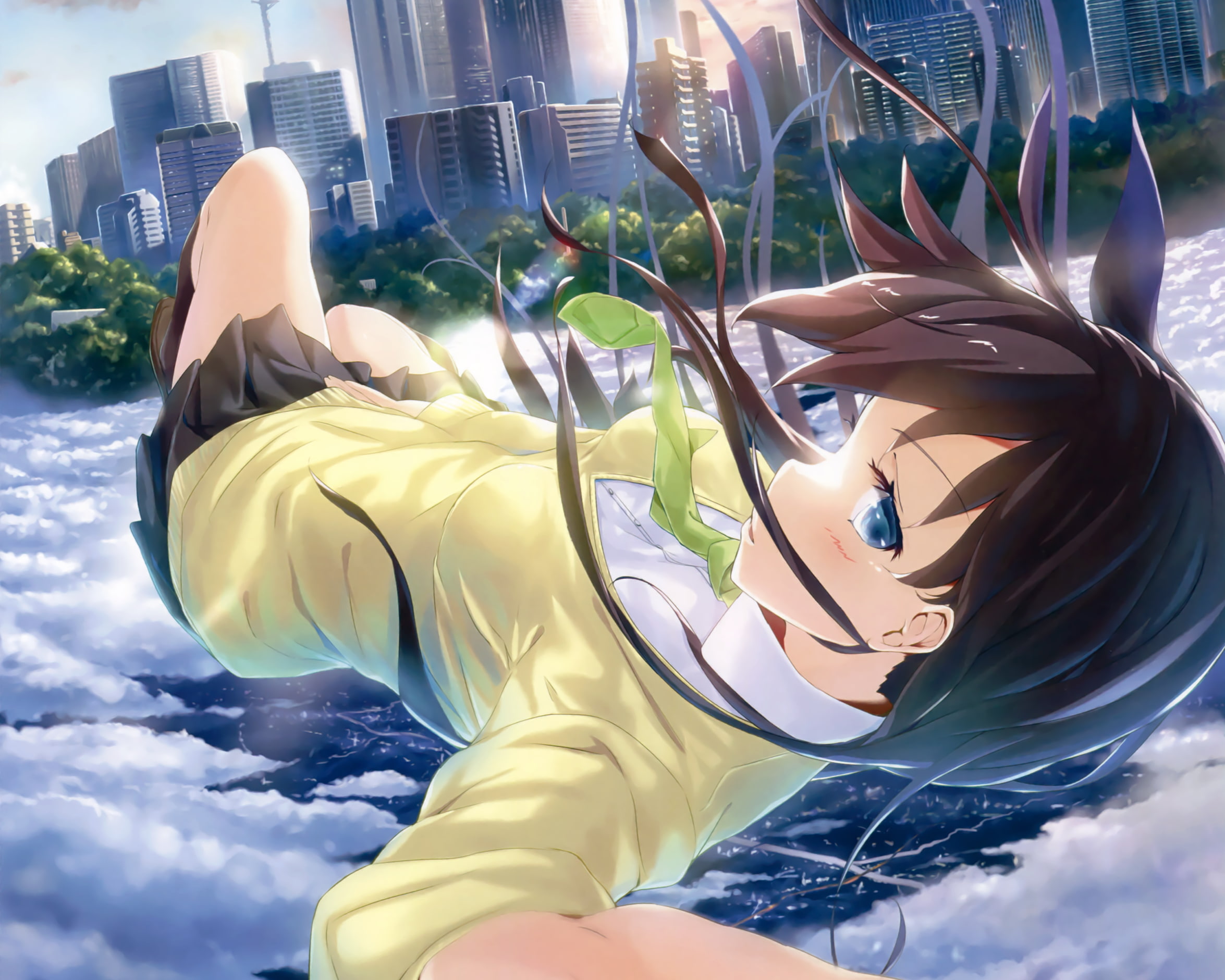 anime girl, falling down, buildings, clouds, real people, nature