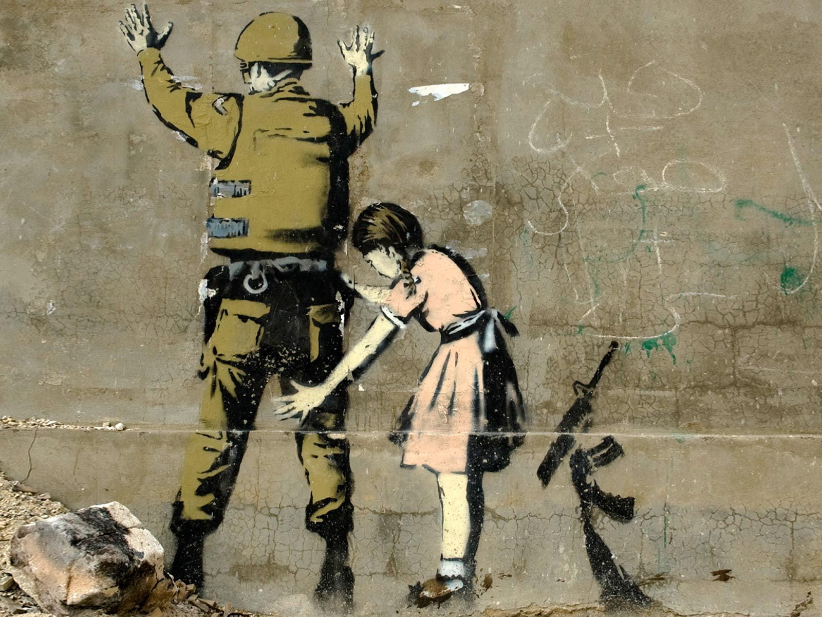 men's green army suit illustration, Graffiti, Banksy, Girl Searching a Soldier