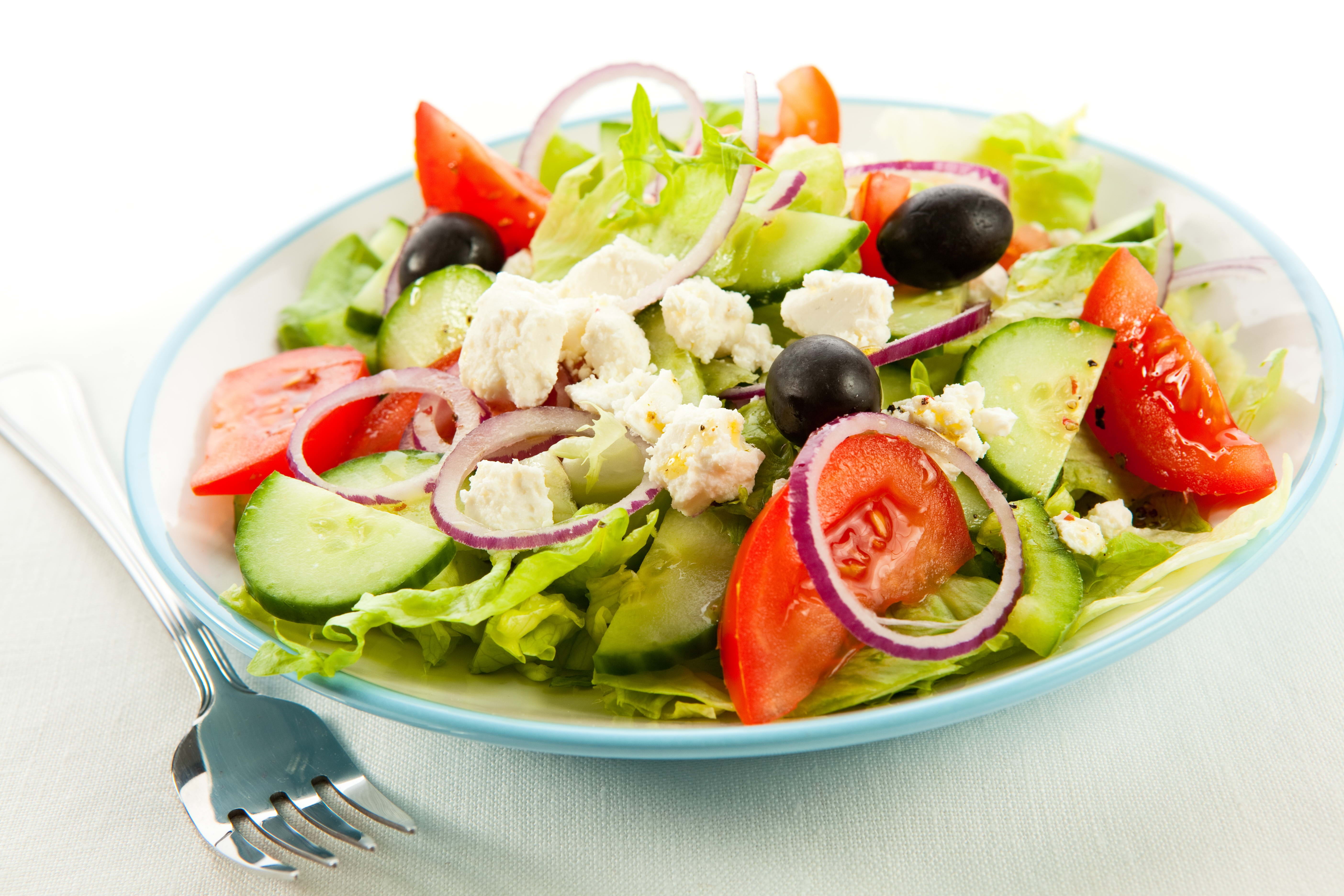 sliced tomato salad, olives, plate, fork, food, vegetable, lettuce