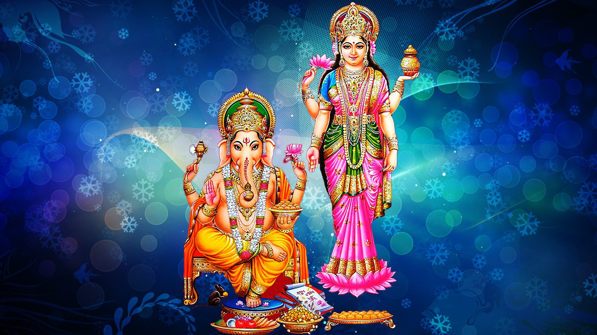 Goddess Laxmi And Lord Ganesh Blue Decorative Background With Snowflakes Hd Wallpaper 1920×1080