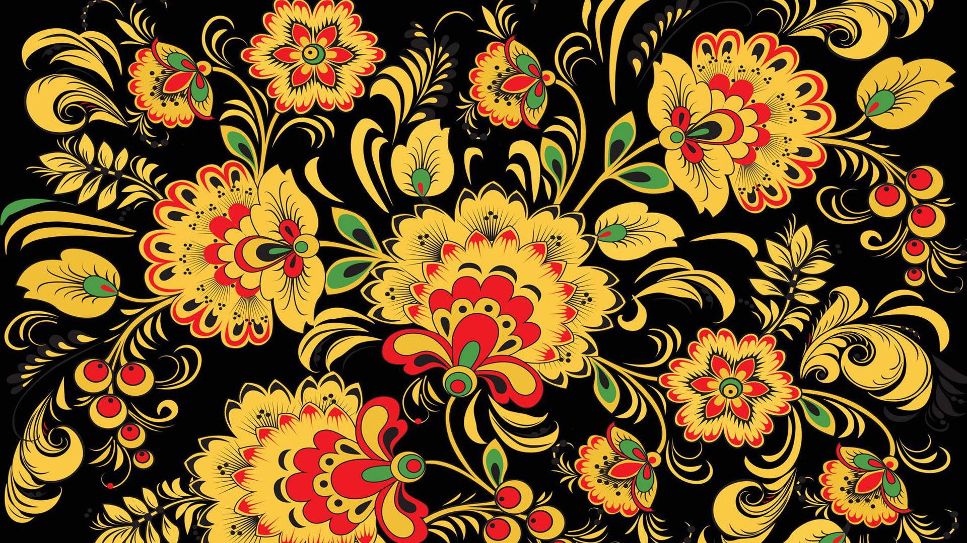 Khokhloma pattern, yellow white and black floral art painting