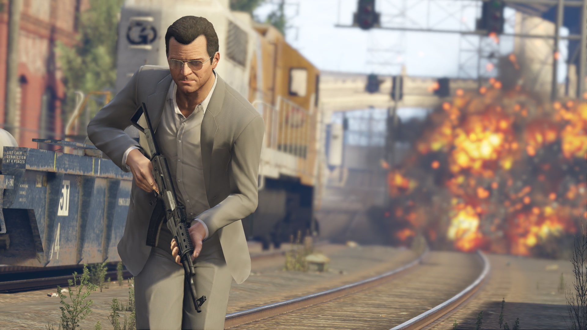 man holding rifle wallpaper, weapons, machine, Michael, gta, Grand Theft Auto 5