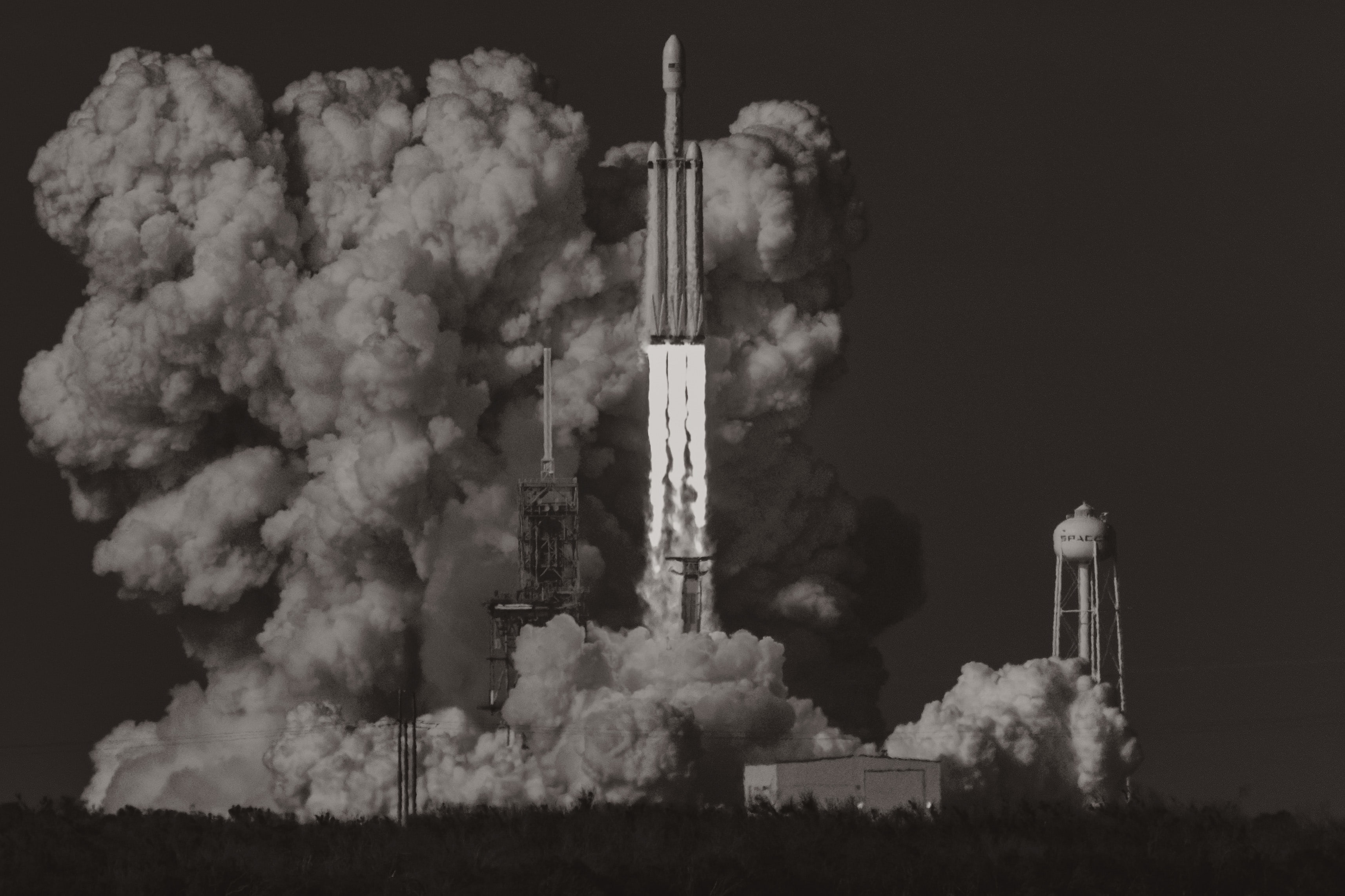 Launch, Elon Musk, artwork, SpaceX, Falcon Heavy, monochrome