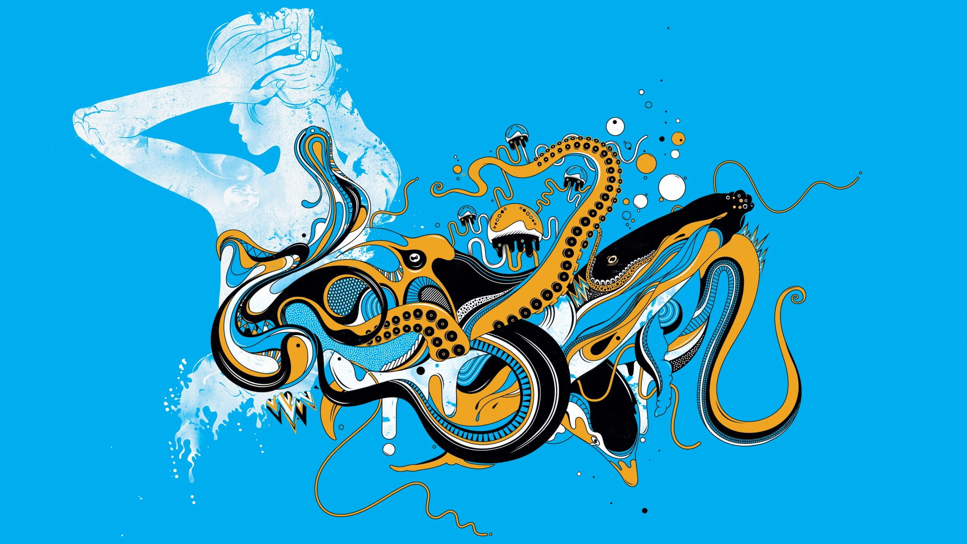 graphic design, squids, jellyfish, women, surreal, blue, water