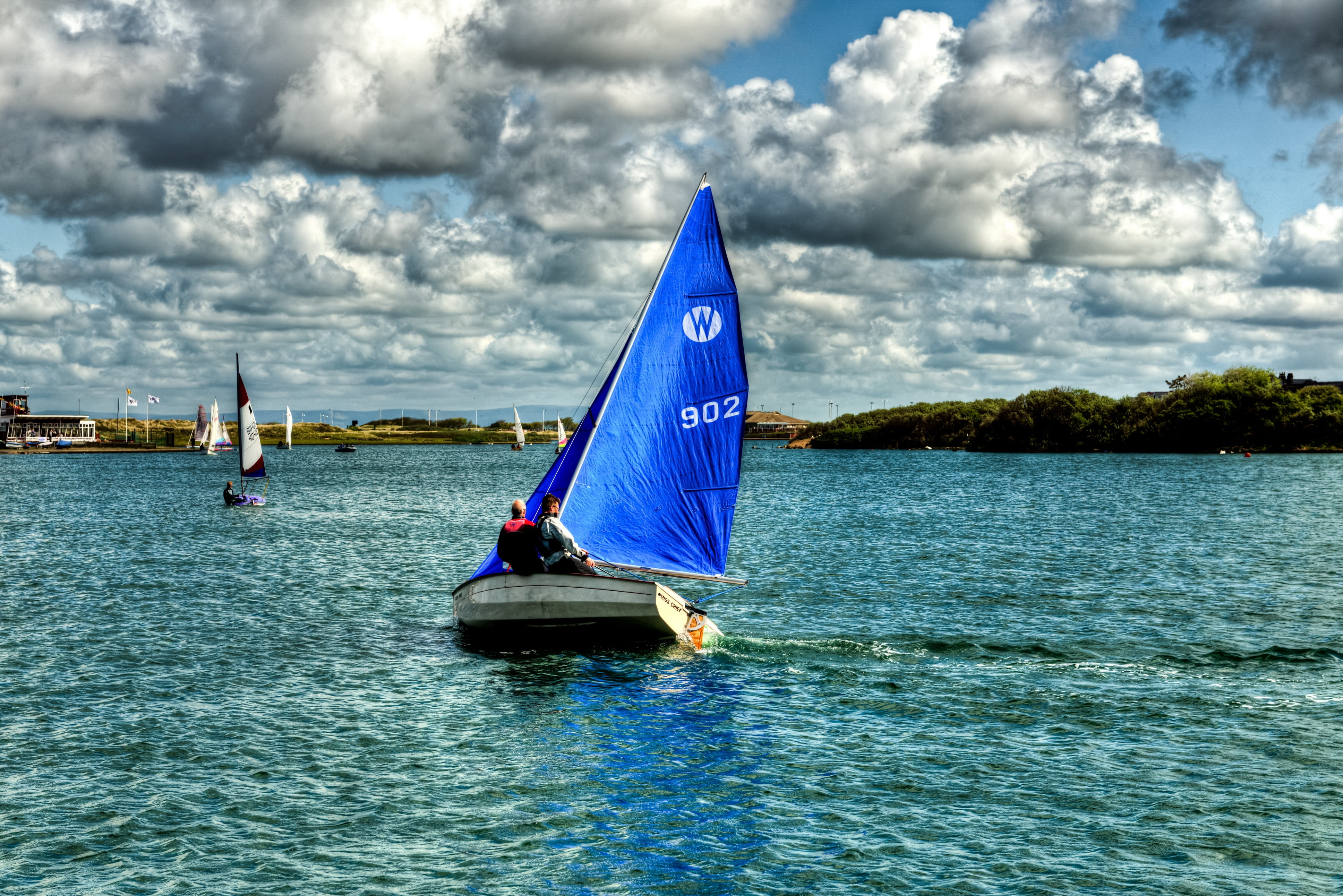 white pontoon with blue sail, ships, sailing, england, sky, lake