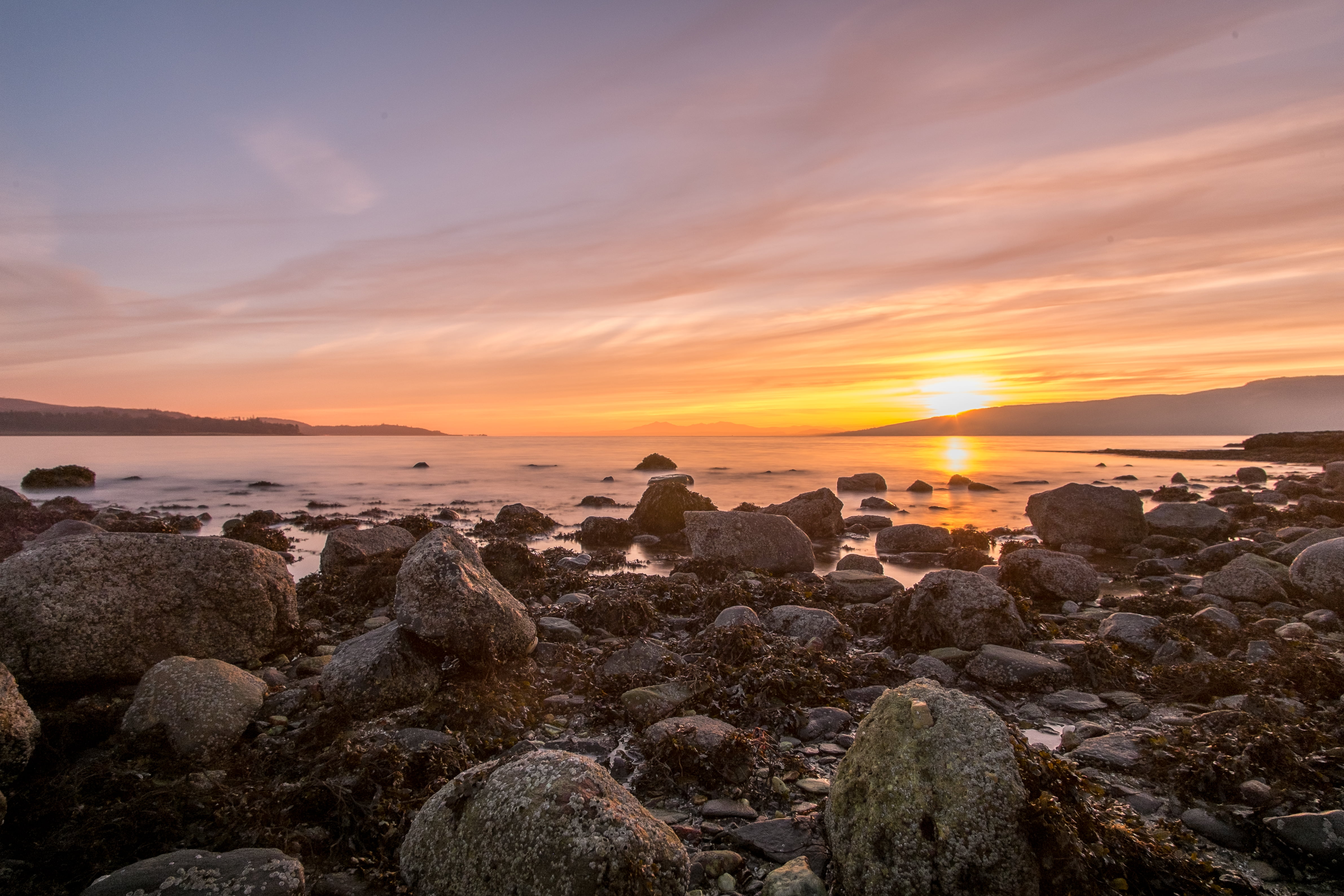 rocks beside sea shore, Lunderston Bay, sunset, Samyang, Lunderston  Bay