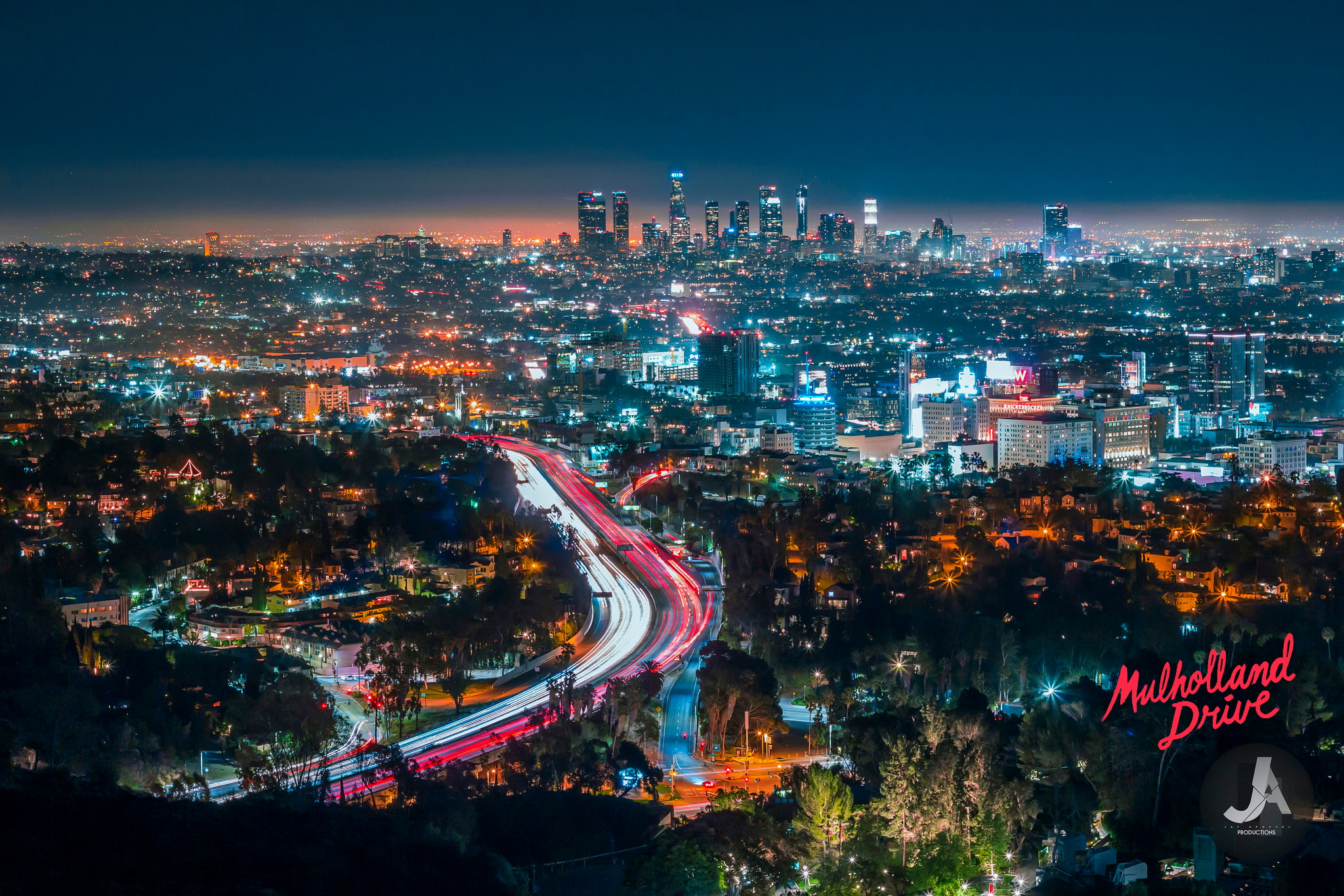 skyline, photography, light trails, Los Angeles, city lights
