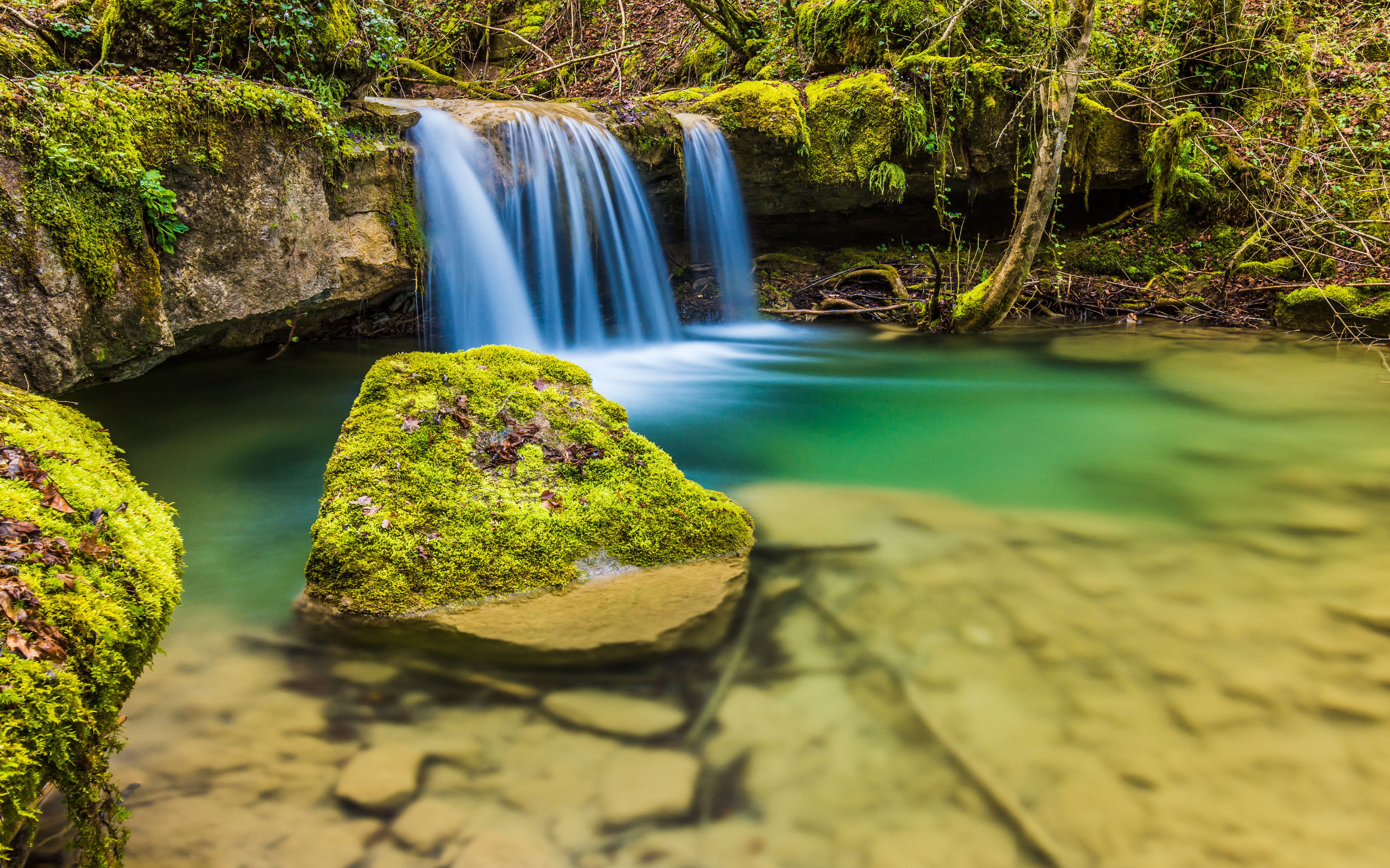 Nice Small Waterfall Clear Water, Rocks With Moss Hd Wallpapers For Mobile Phones And Laptops