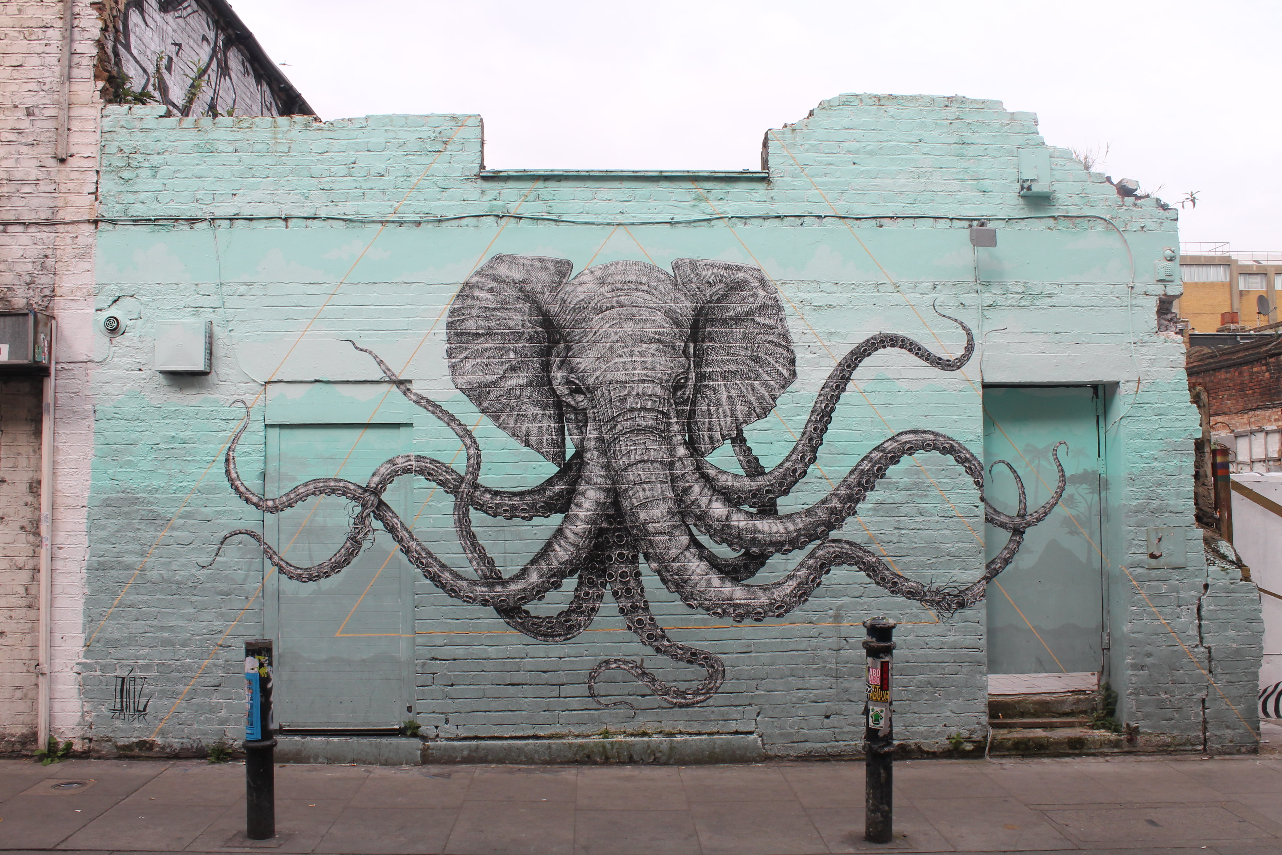 elephant mural, animals, artwork, wall, octopus, graffiti, street