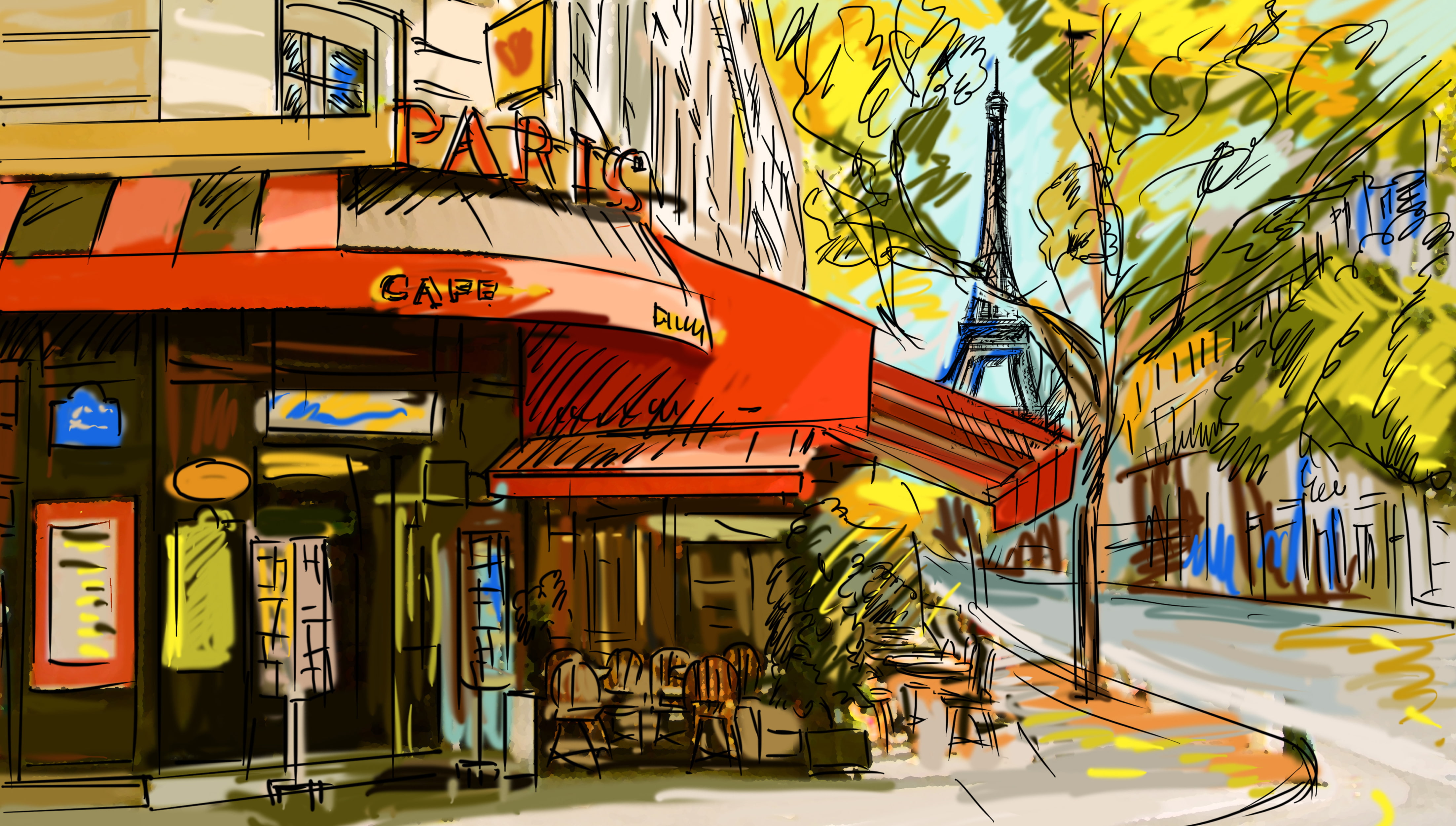 tree, figure, Eiffel tower, Paris, cafe, France, street