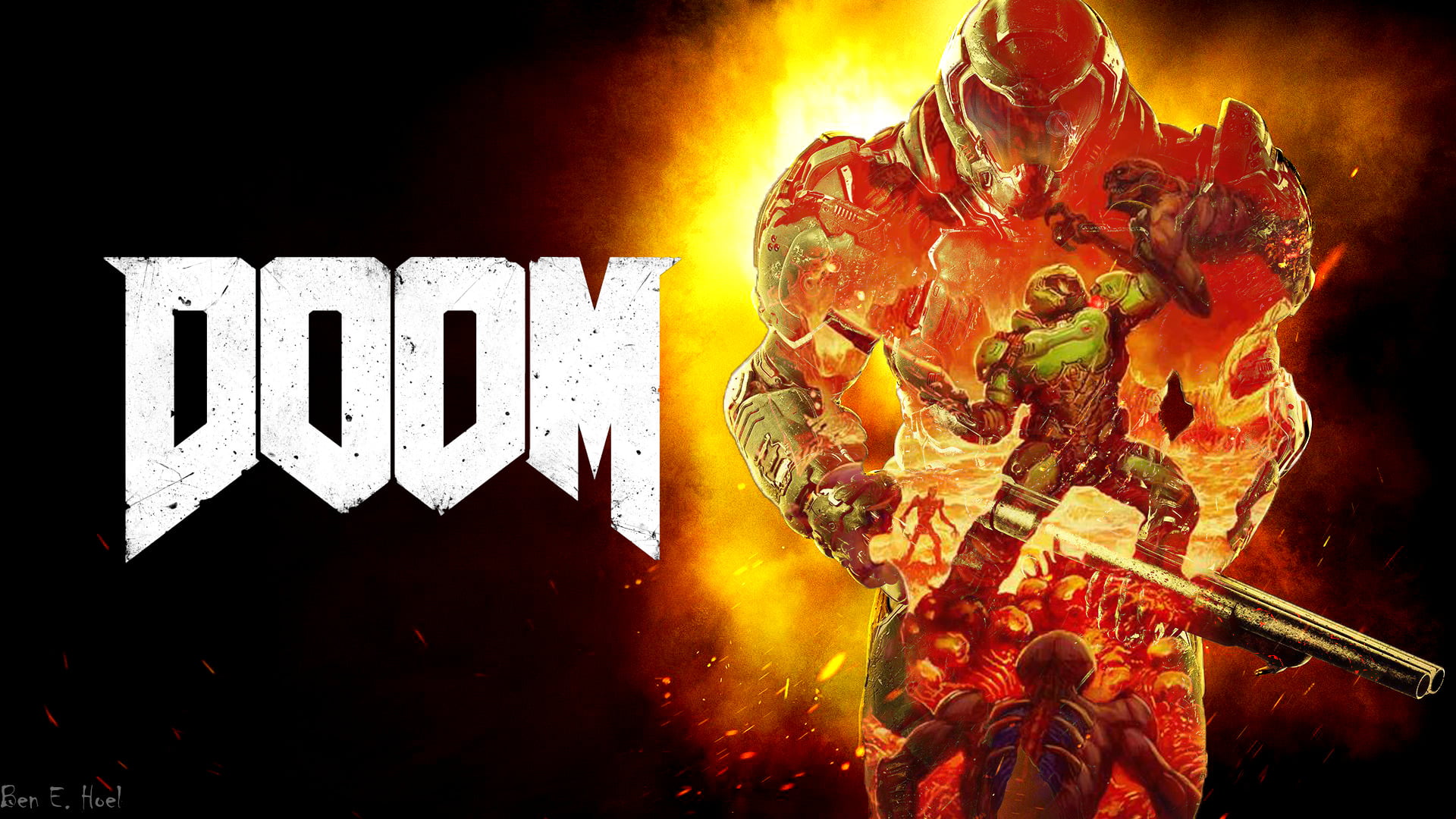 Doom, Doom (2016), Doomguy, no people, burning, flame, fire