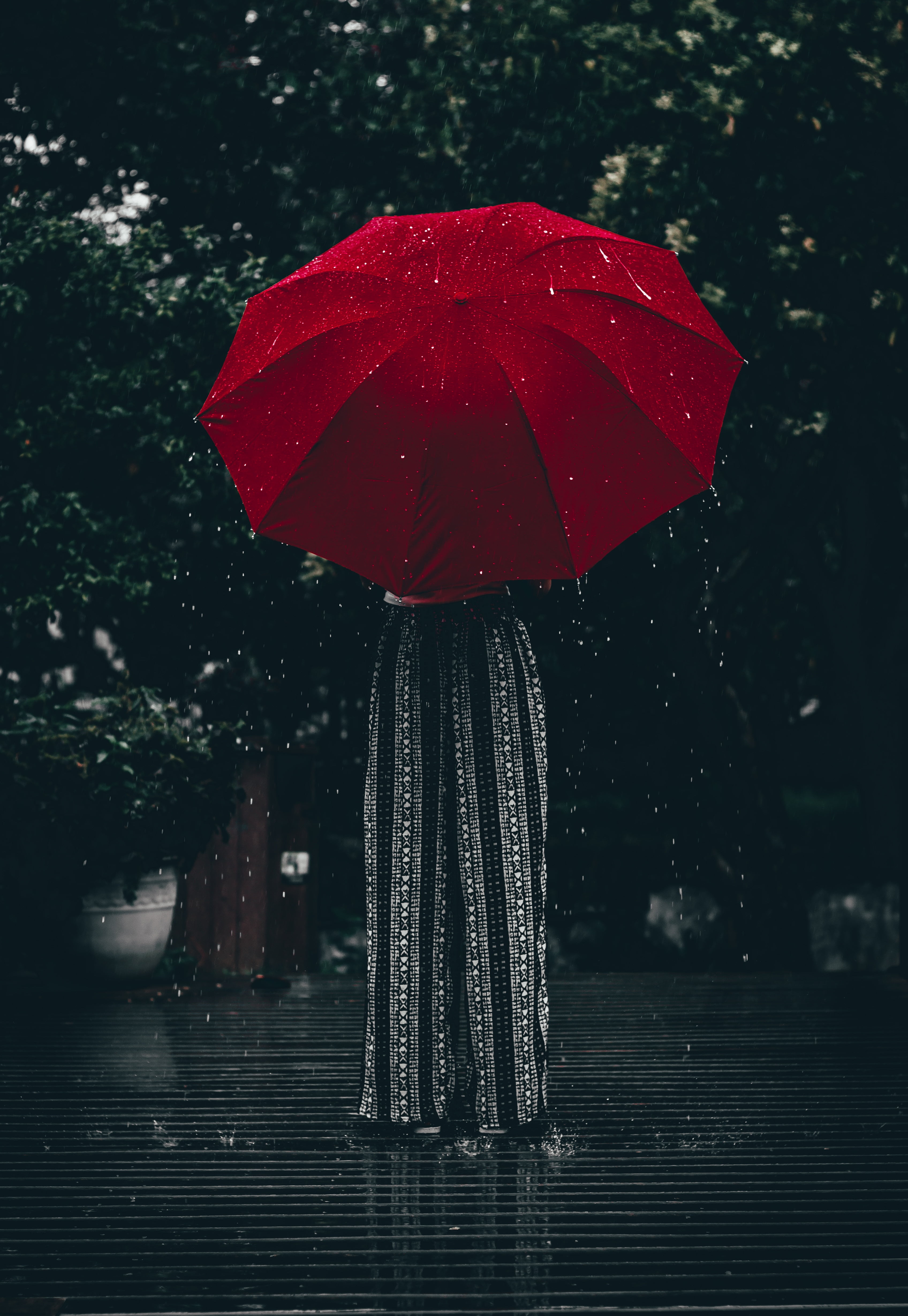 red umbrella, girl, rain, weather, wet, nature, protection, outdoors