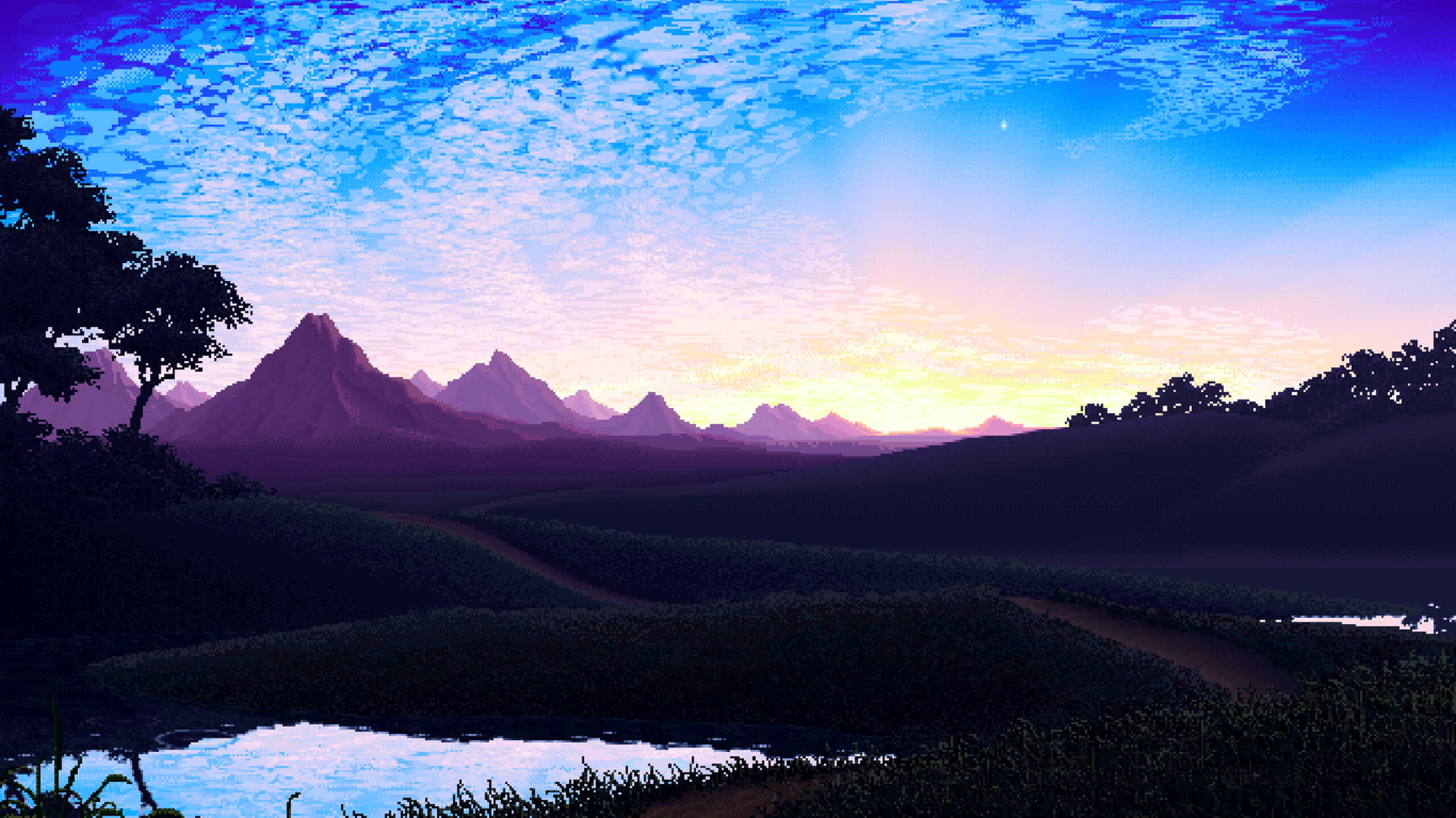 animated illustration of mountains, nature, pixel art, pixels