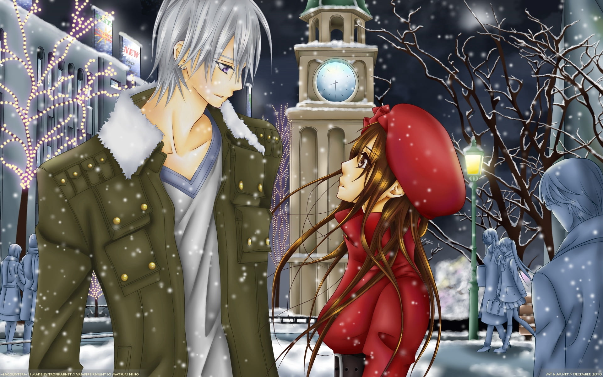 Vampire Knight illustration, boy, girl, snow, date, women, people