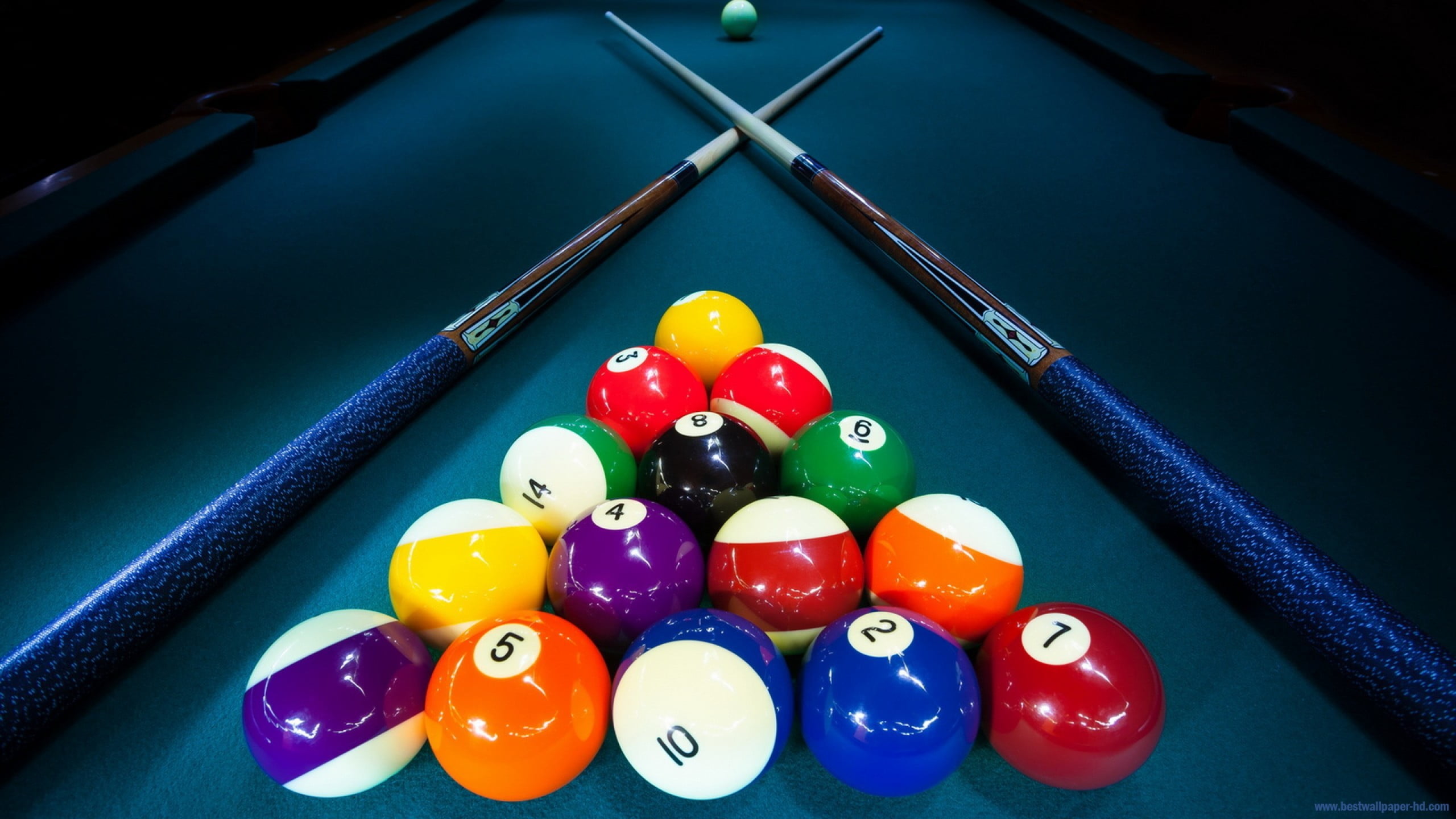 billiard ball set and pool cue sticks, pool table, billiard balls