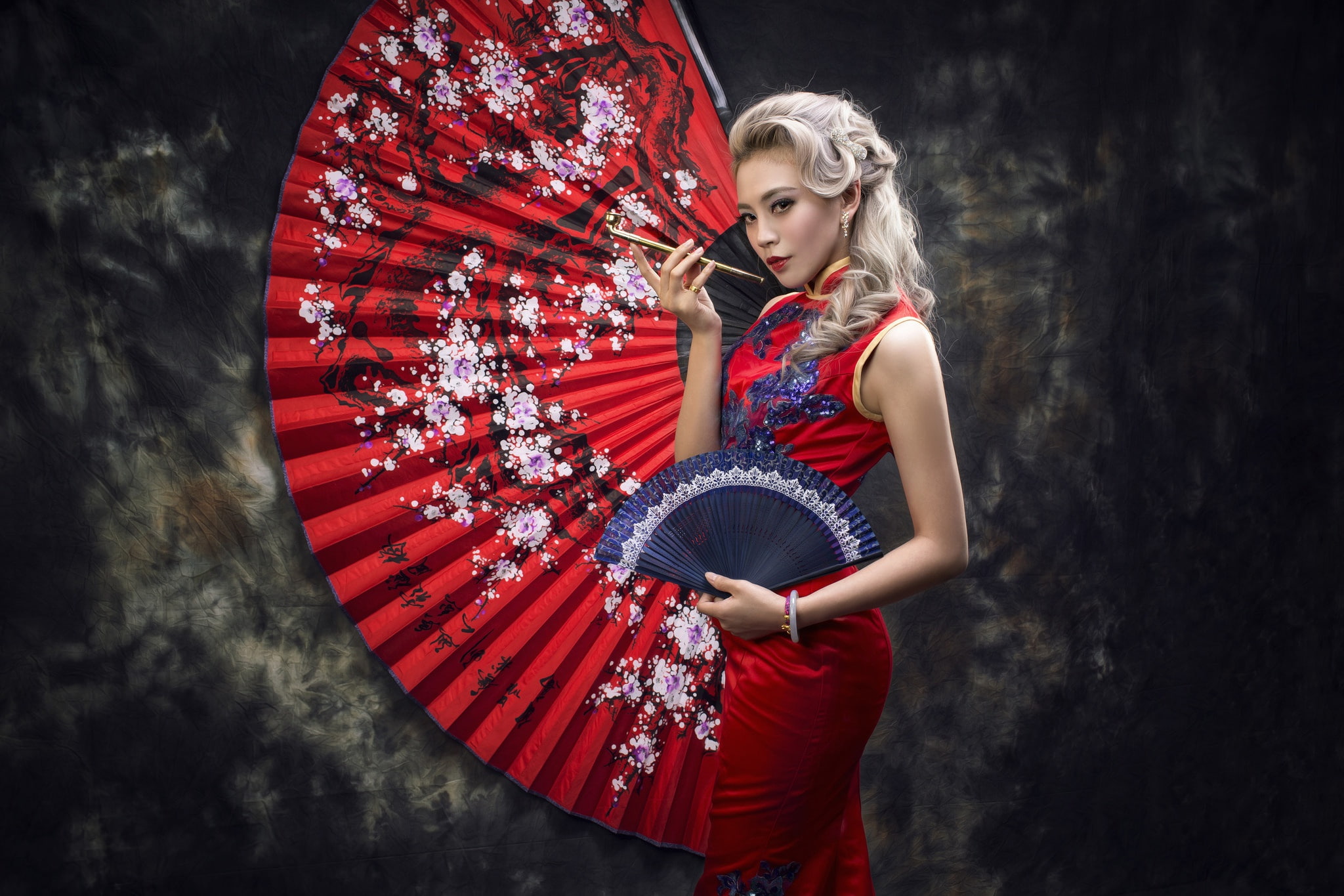 girl, style, background, dress, fan, Asian, red dress, Smoking pipe