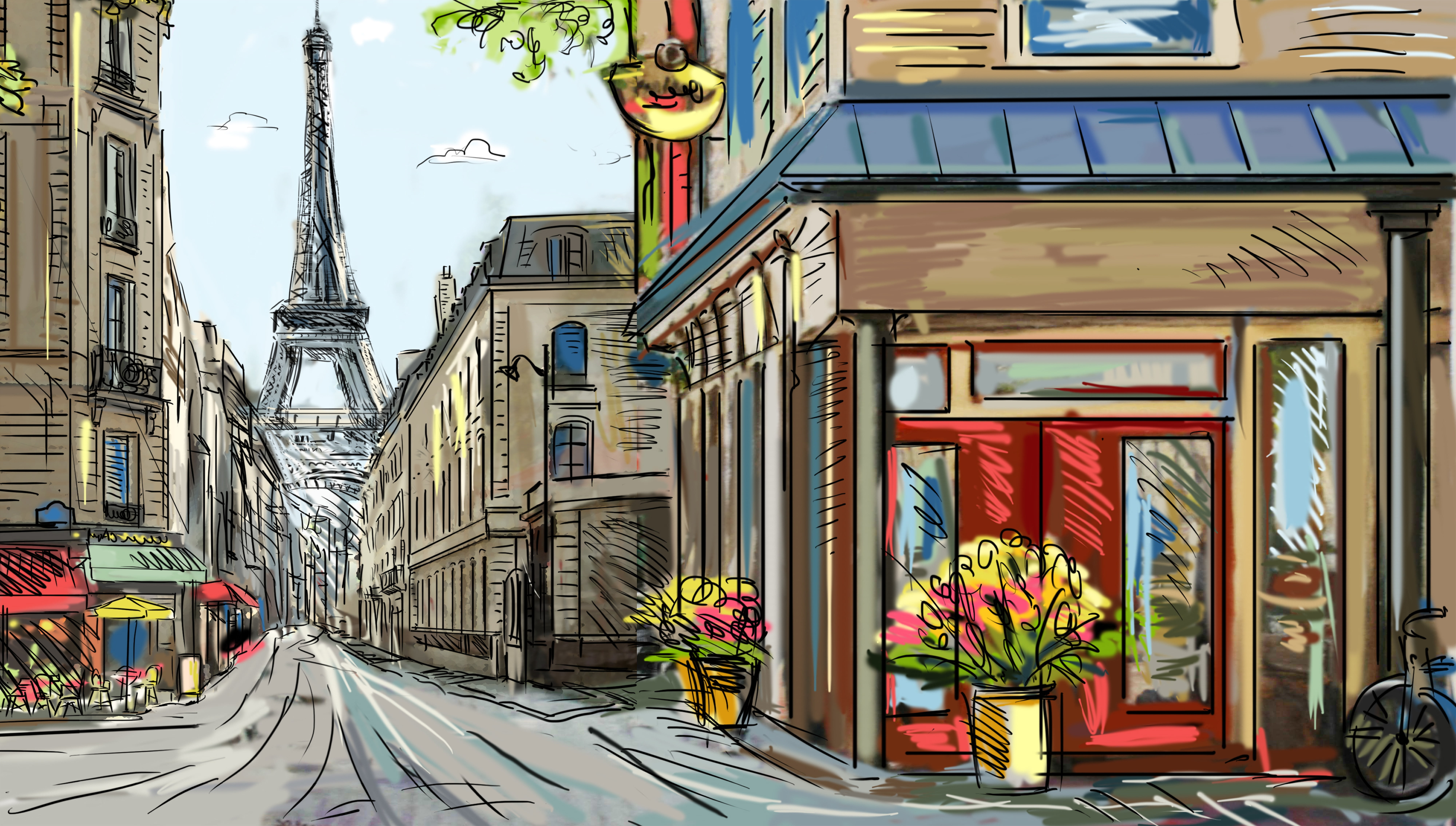 Eiffel tower, Paris sketch, flowers, bike, street, painting, architecture
