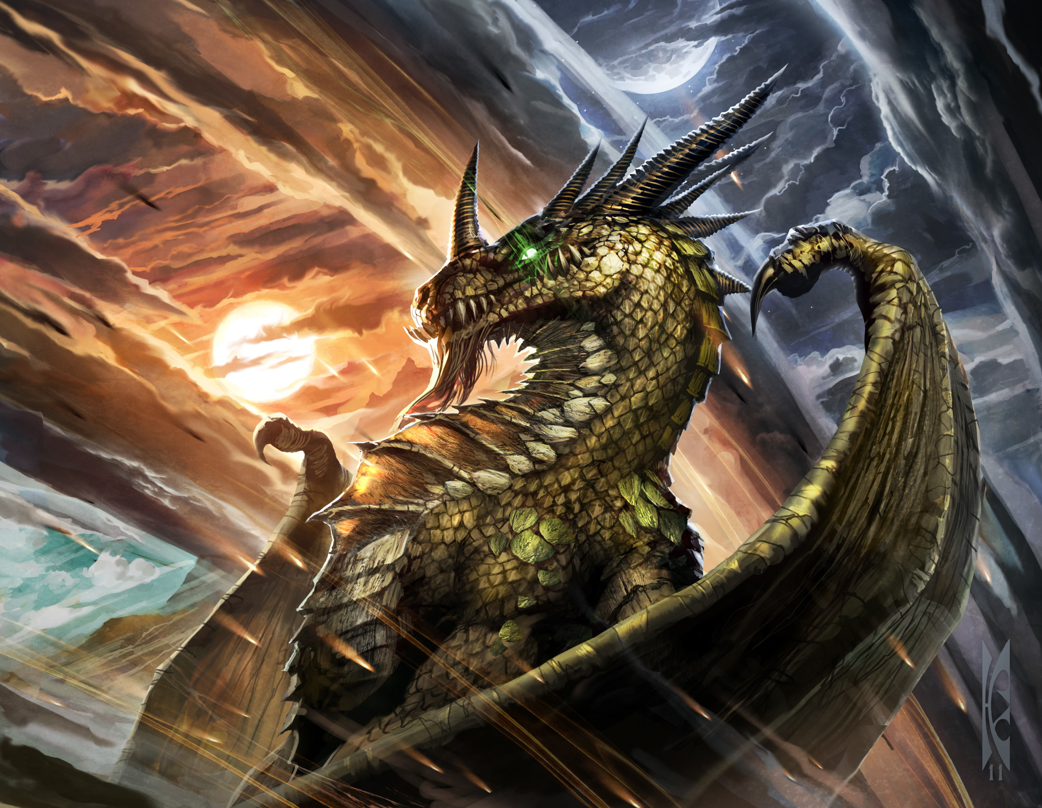 brown dragon, the sky, the sun, the moon, map, art, WoW, World of Warcraft