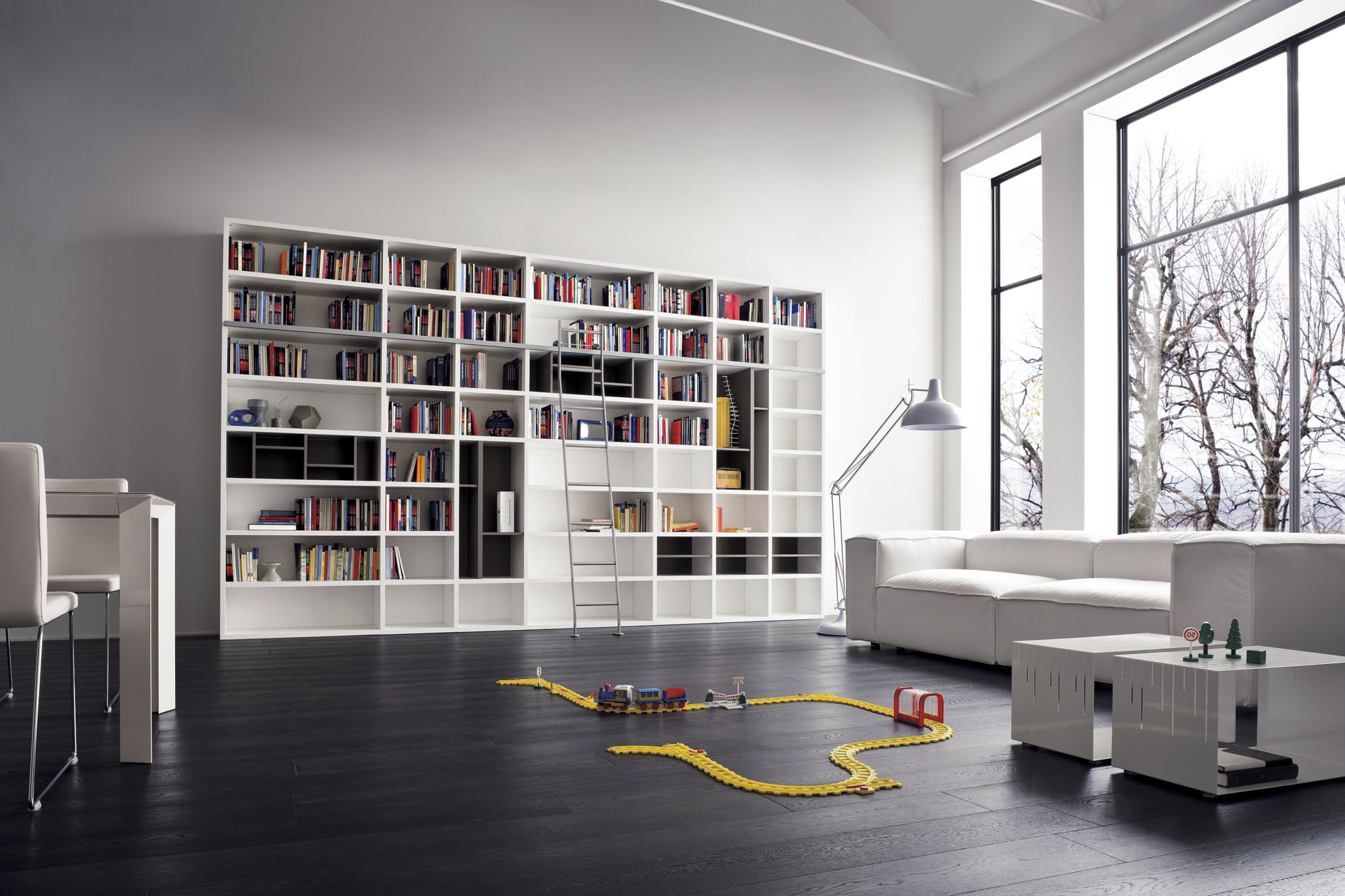 train toy set, white, design, sofa, interior, library, modern
