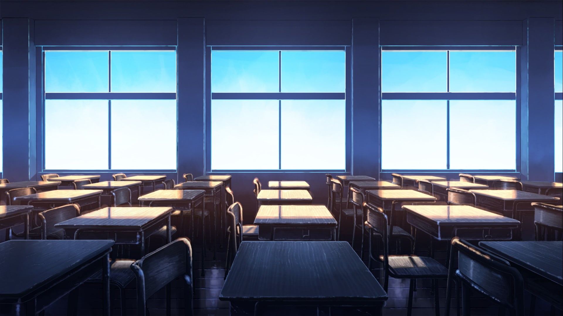classroom, clear sky, seat, window, chair, empty, indoors, table