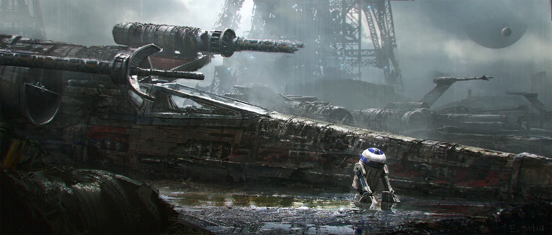 rusted black war ship, Star Wars, R2-D2, X-wing, water, industry