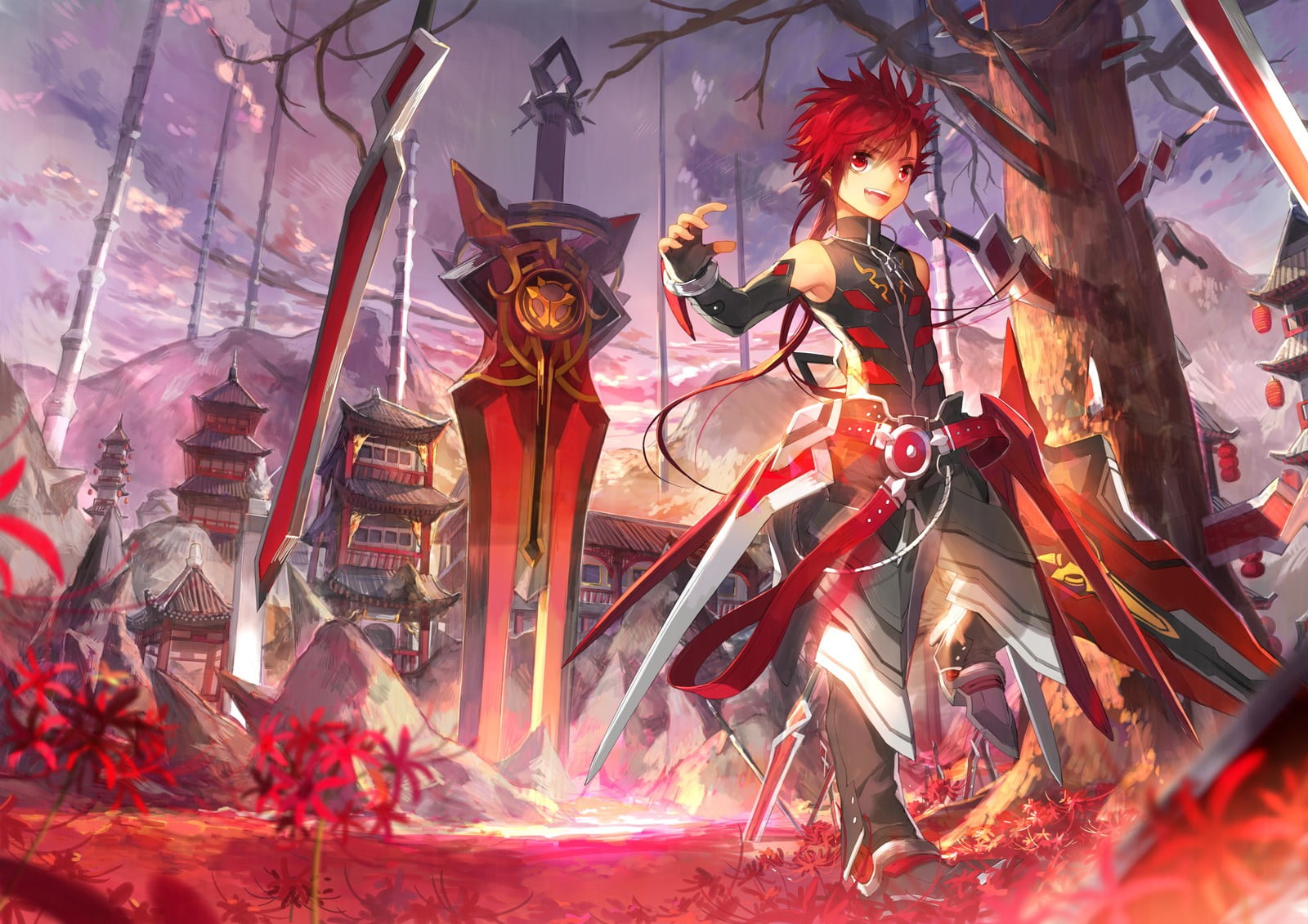 red-haired male anime character with sword digital wallpaper