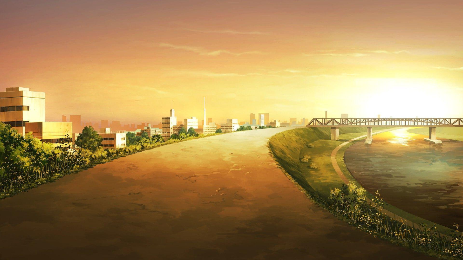 Anime city, riverside road painting, 1920x1080, building, bridge