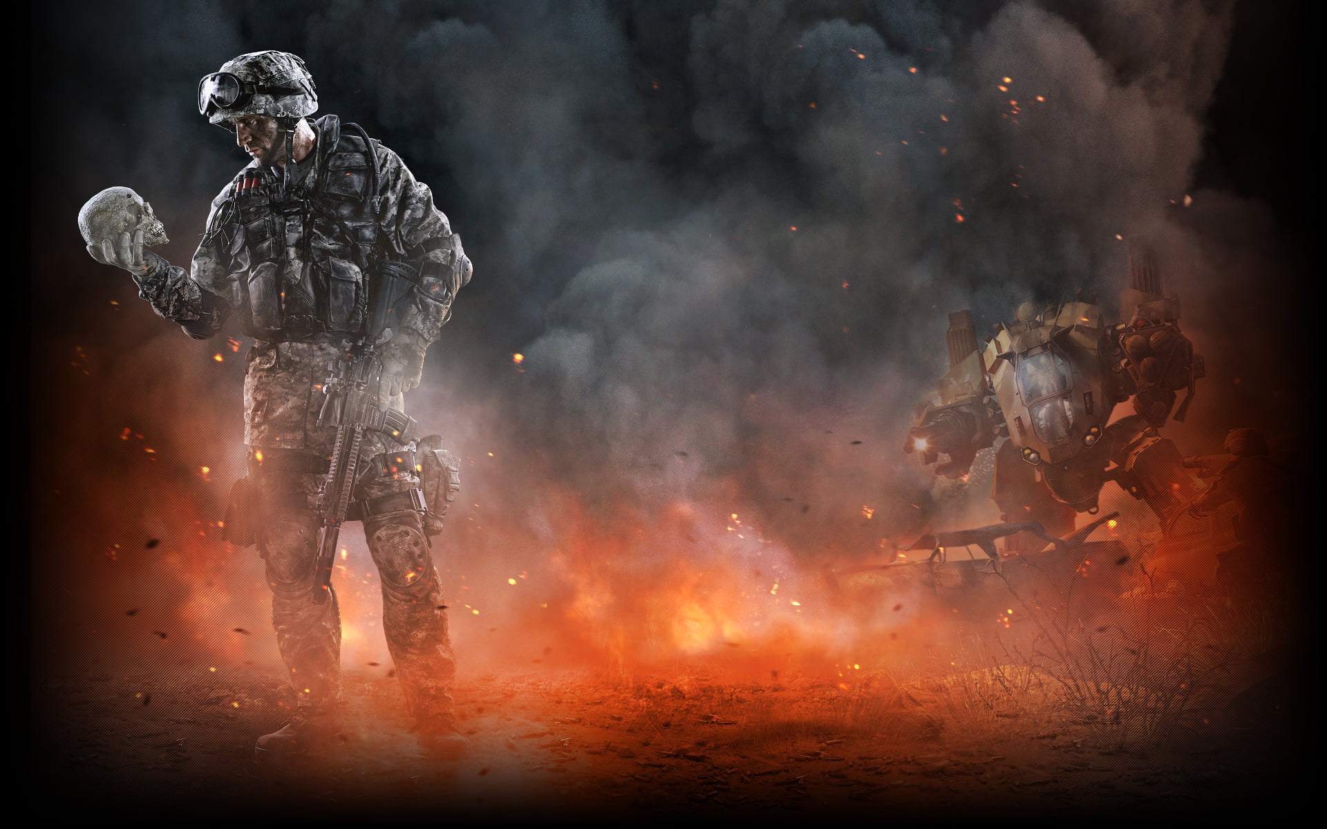 soldier holding skull digital wallpaper, ash, weapons, smoke