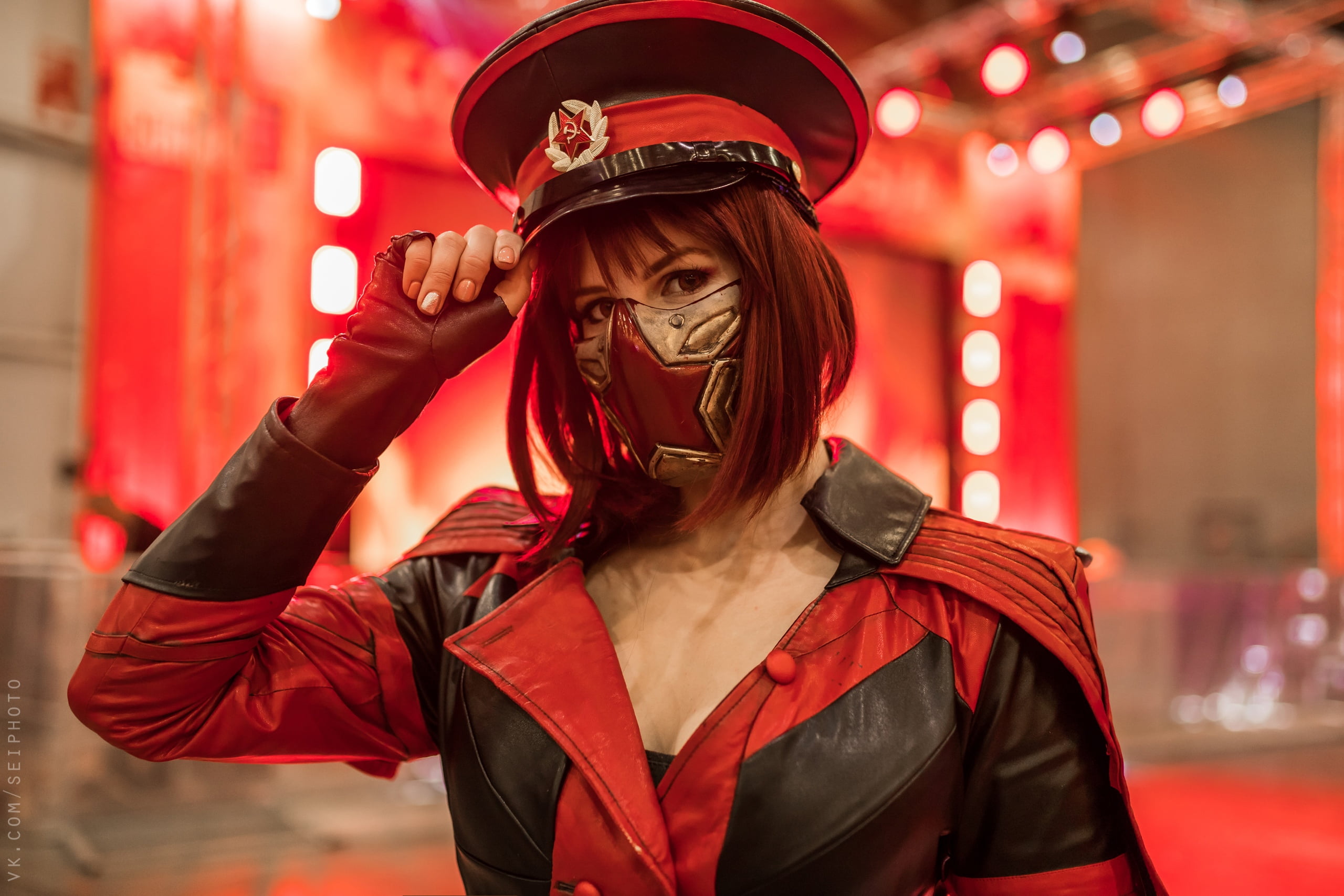 SeiPhoto, women, cosplay, hat, USSR, mask, leather jackets
