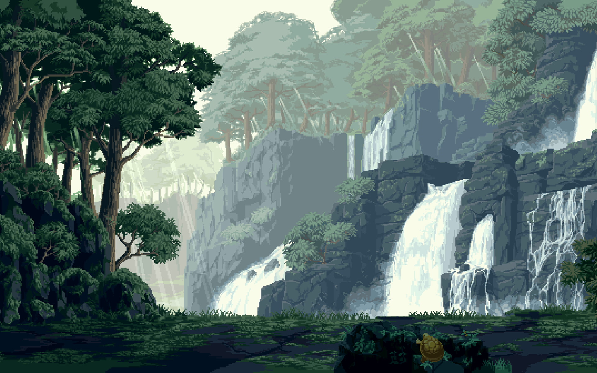 waterfalls game graphic wallpaper, pixel art, forest, artwork
