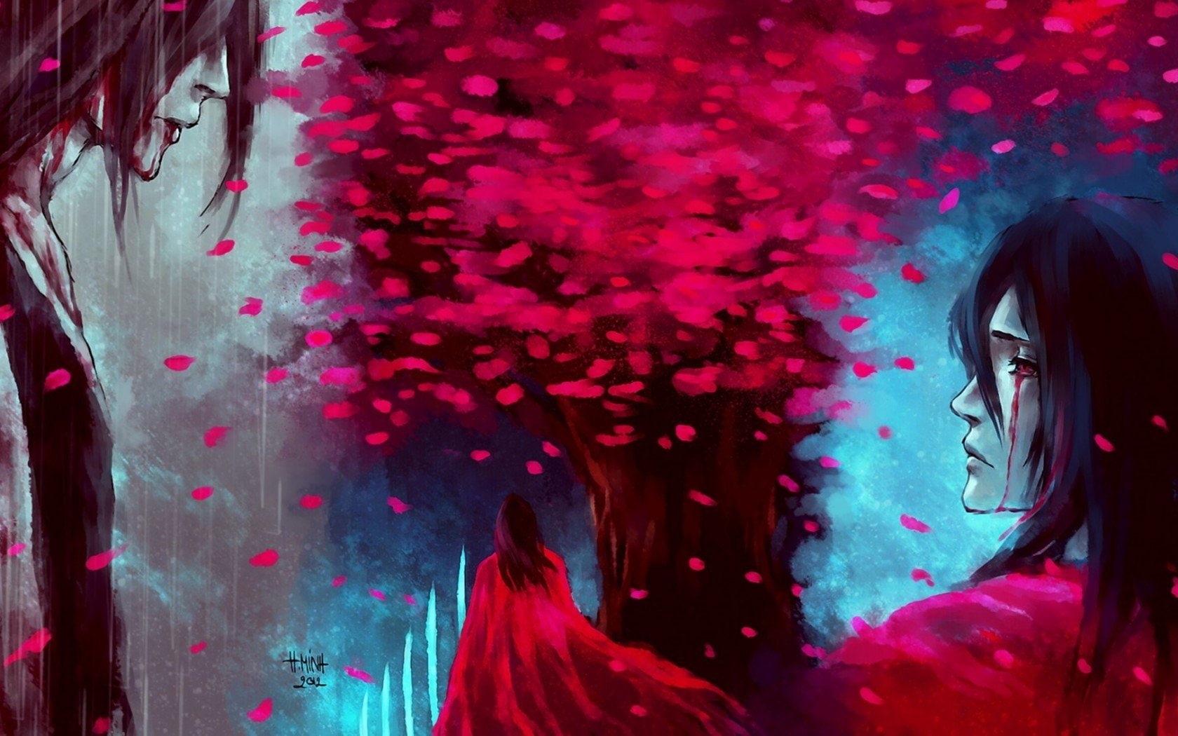 art, back, guy, rain, red, sakura, tree