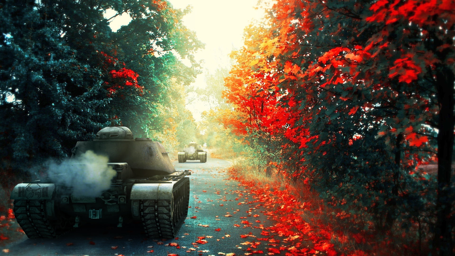 black military tank, road, autumn, forest, art, tanks, WoT, World of Tanks